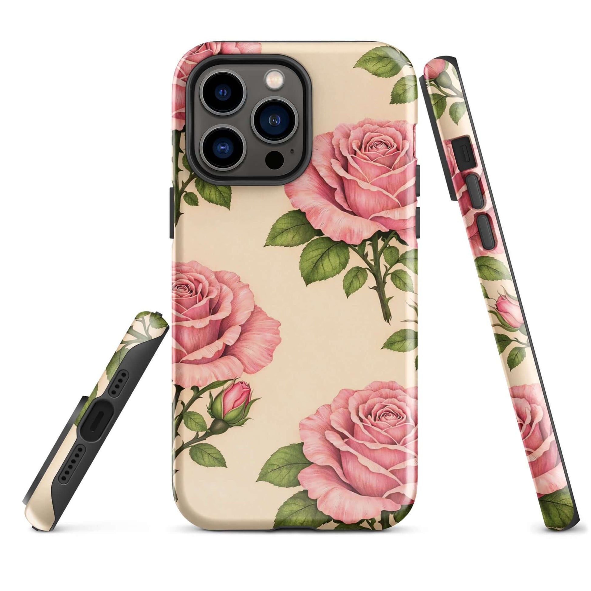 Phone Case for iPhone with pink rose garden design on warm cream background showcasing elegant floral pattern.