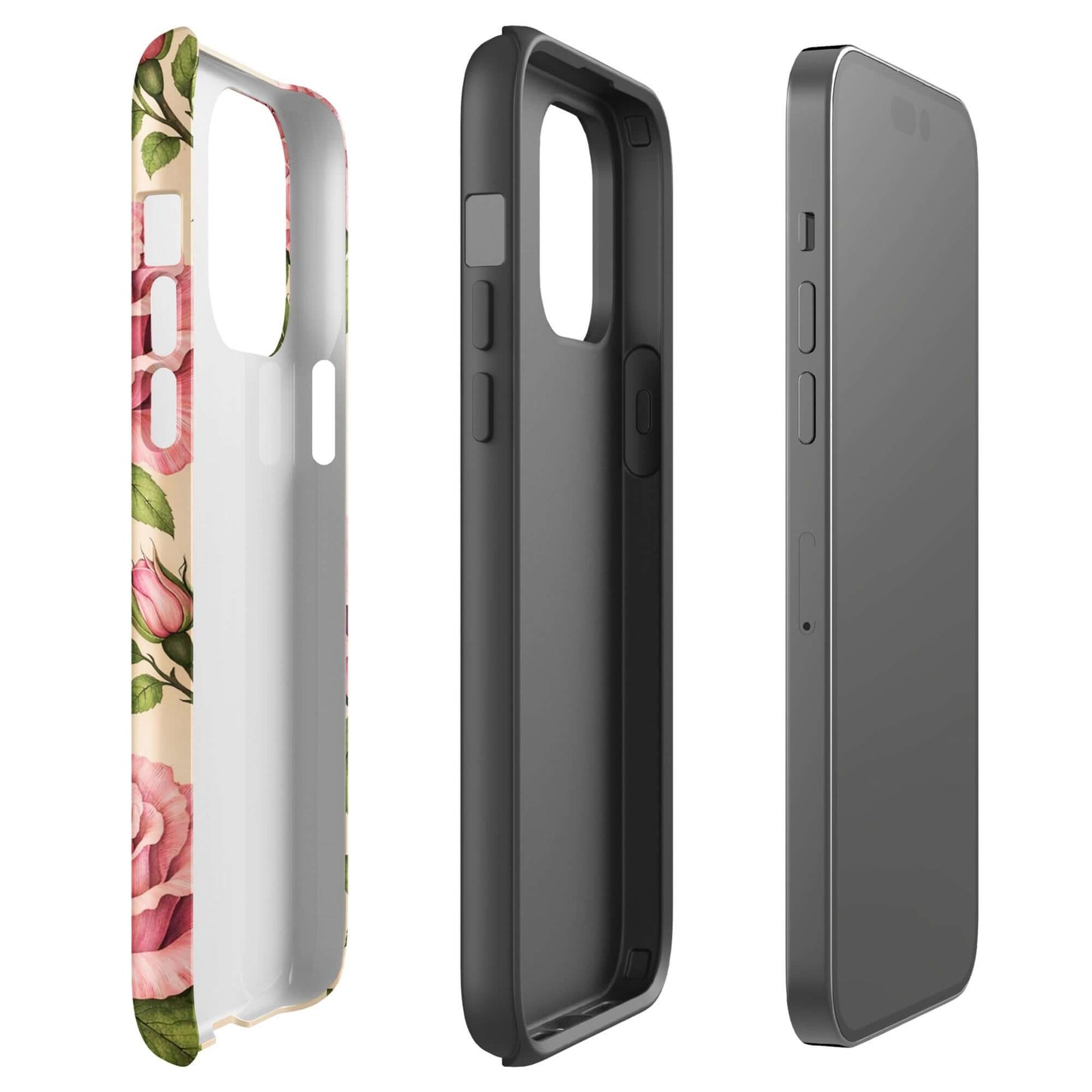 Pink Rose Garden Phone Case for iPhone with cream background, showcasing floral design and protective features, elegant and stylish accessory.