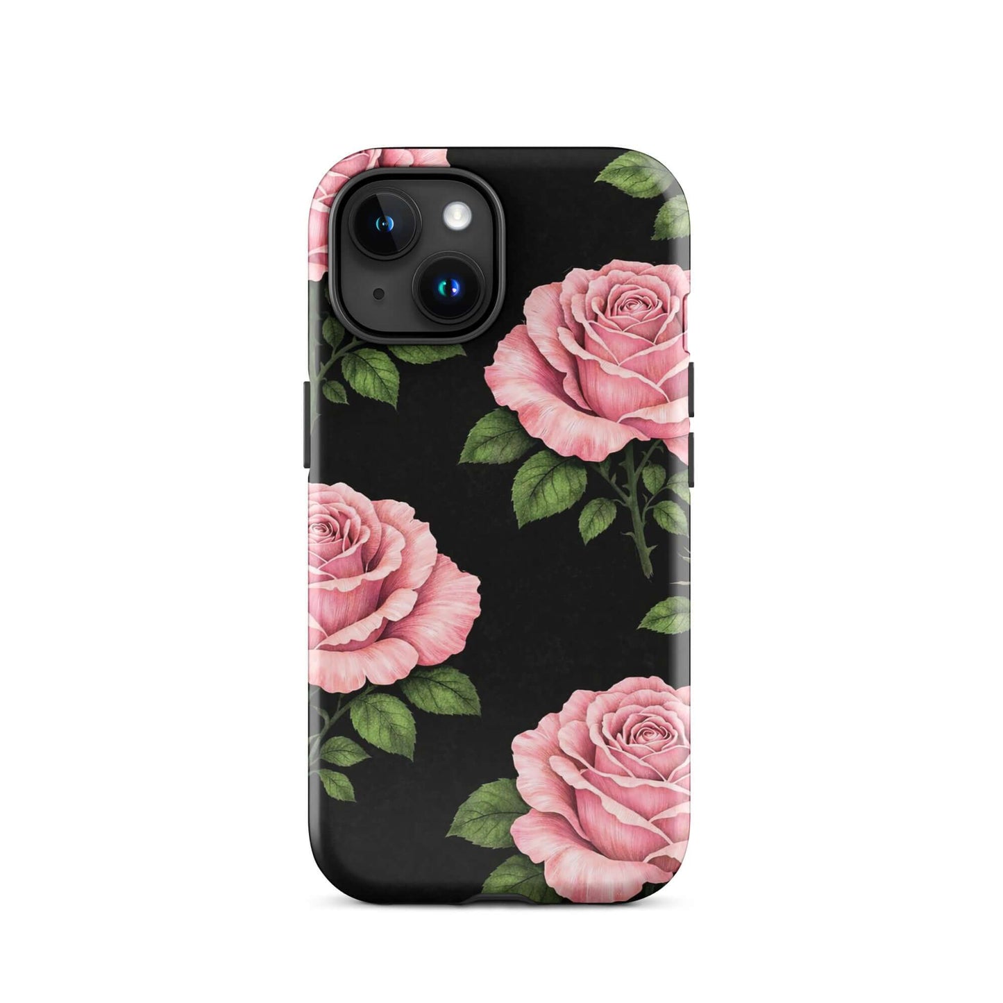 Phone Case for iPhone with pink rose garden design on a black background, featuring detailed sketched roses and green leaves.
