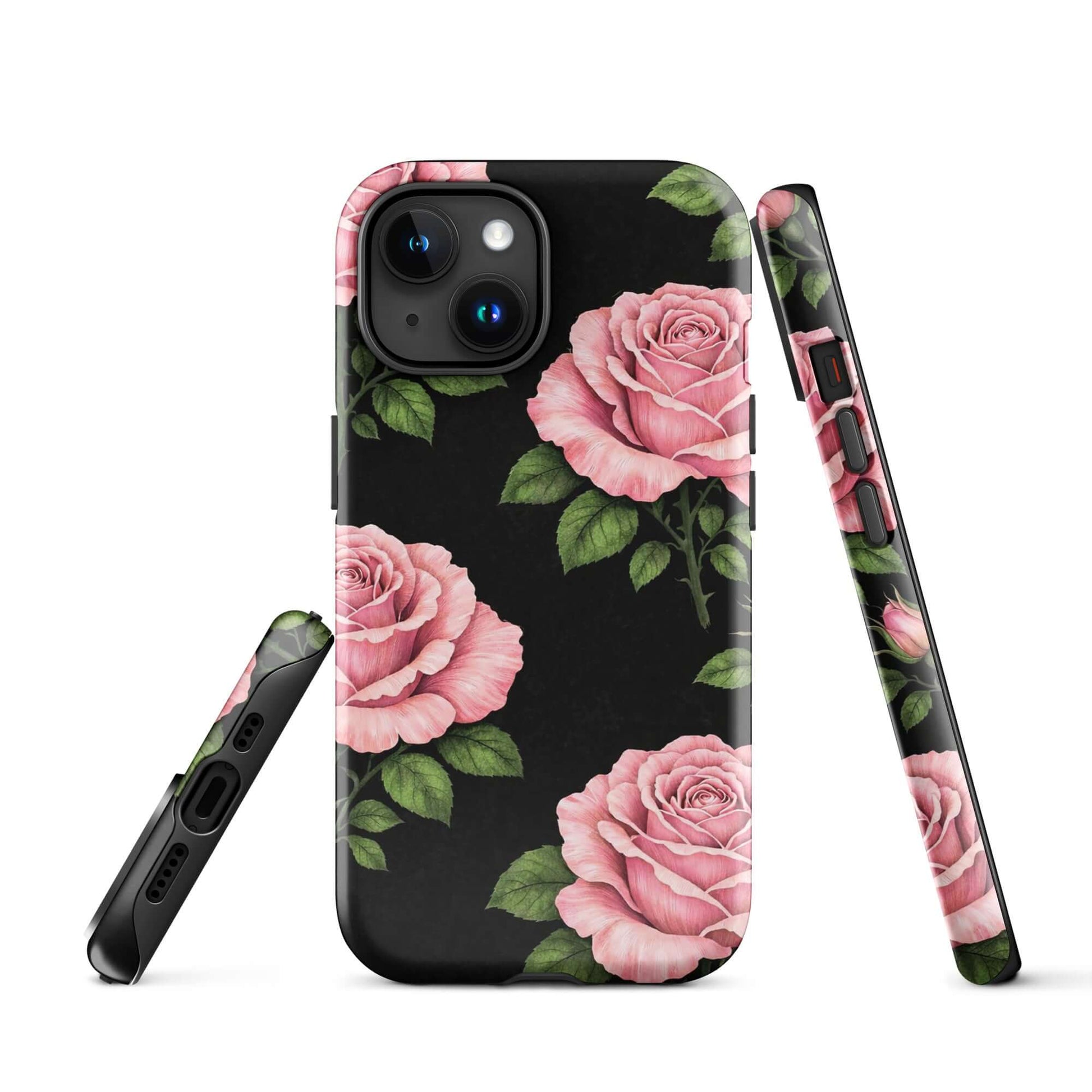 Phone Case with pink rose garden design for iPhone, featuring soft pink roses and green leaves on a black background, tough case.