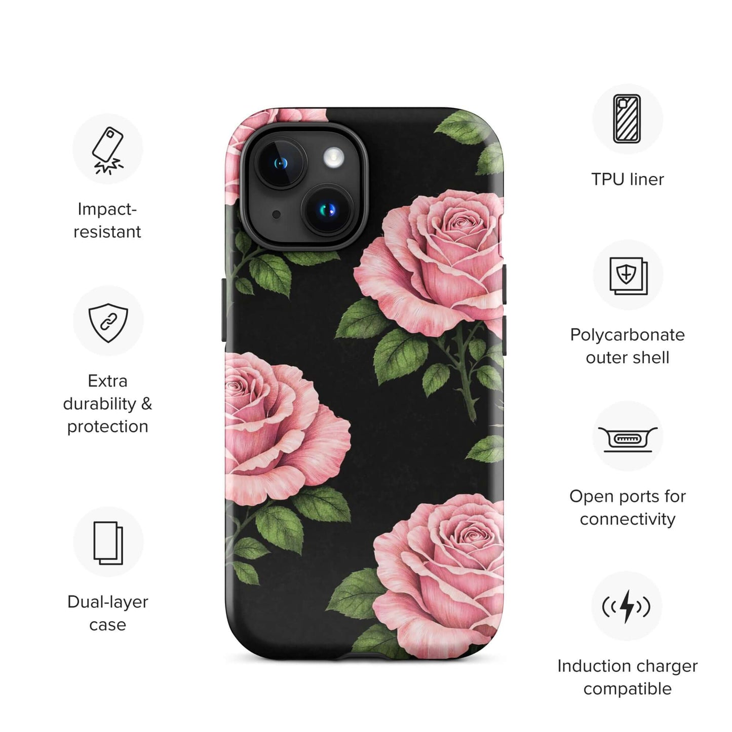 Phone Case for iPhone with pink rose garden design on black background, featuring pink roses and green leaves in a tough, stylish design.