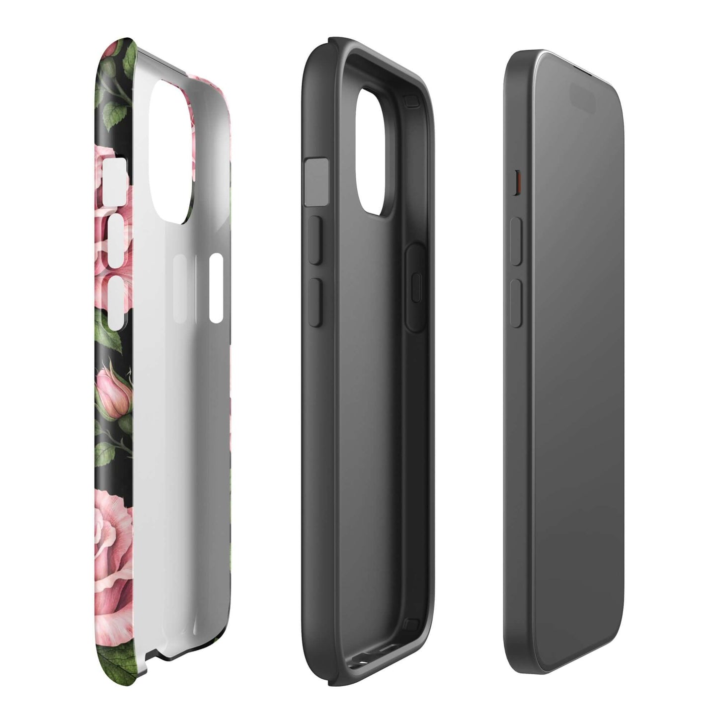 Phone Case for iPhone featuring pink rose garden design with tough, protective black casing and floral pattern on side view.