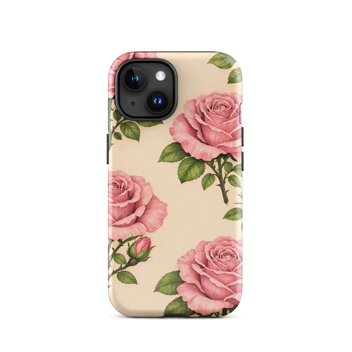 Phone Case for iPhone with pink rose garden design on warm cream background, showcasing elegant floral pattern and protection.