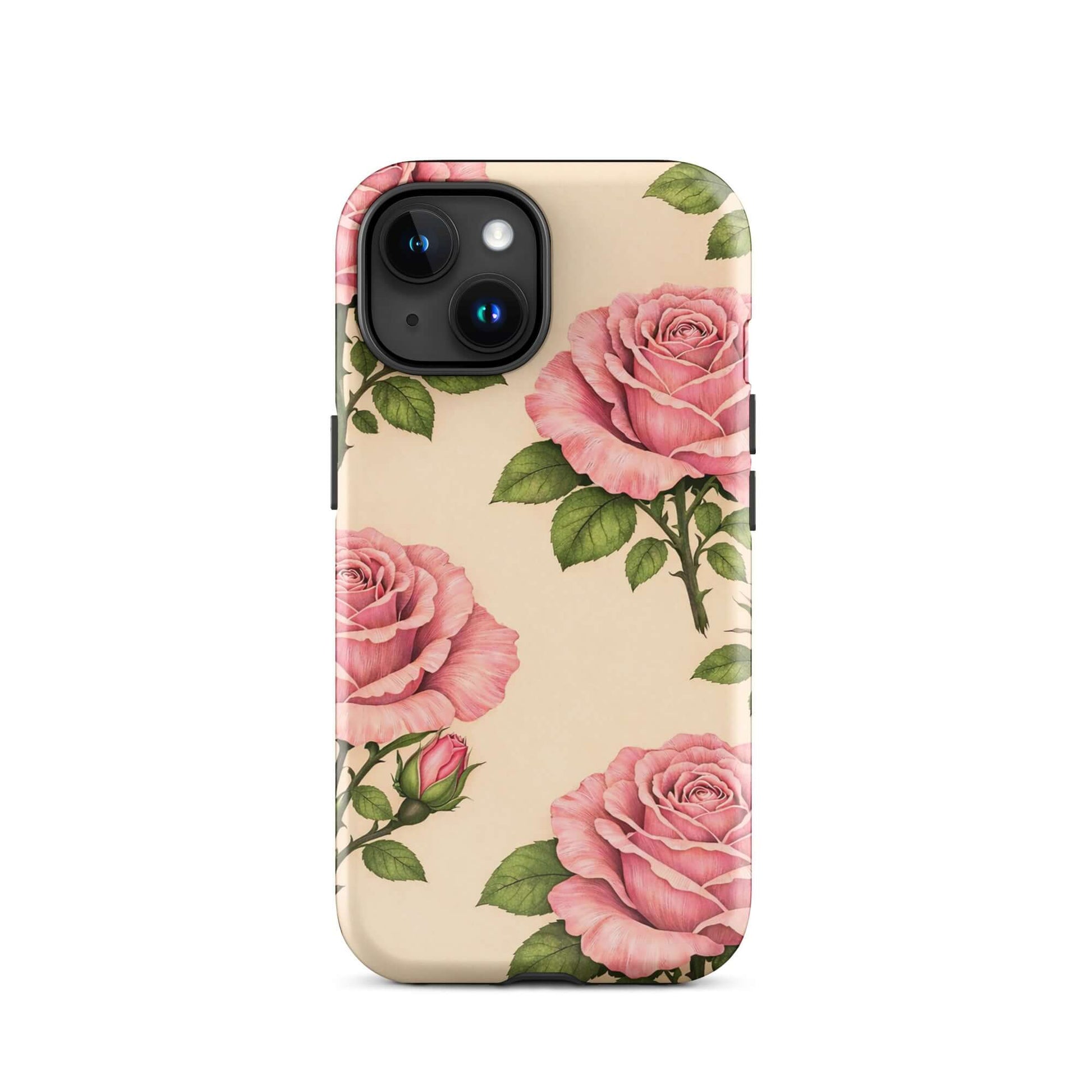 Phone Case for iPhone with pink rose garden design on warm cream background, showcasing elegant floral pattern and protection.