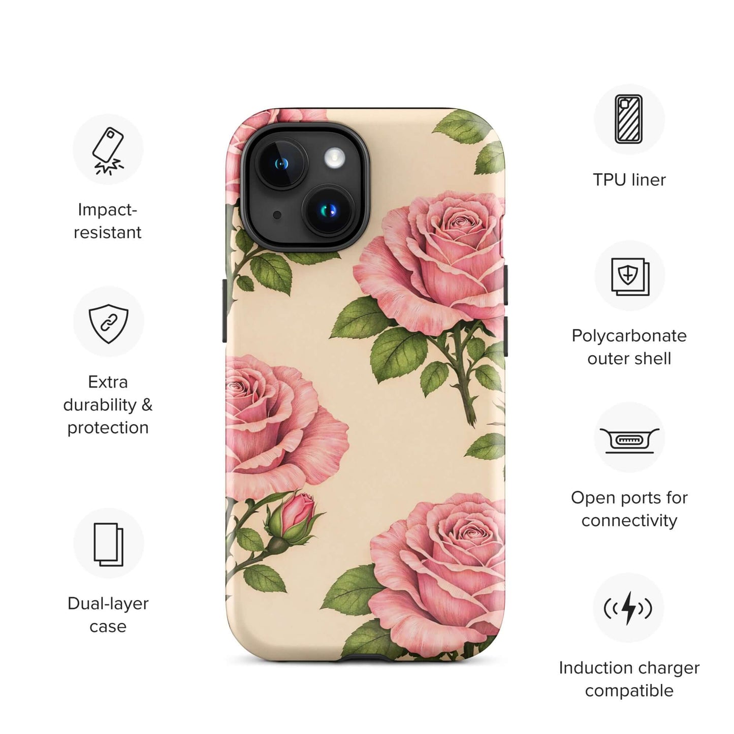 Phone Case for iPhone with pink roses on warm cream, impact-resistant, dual-layer protection, perfect for a garden-inspired elegance.