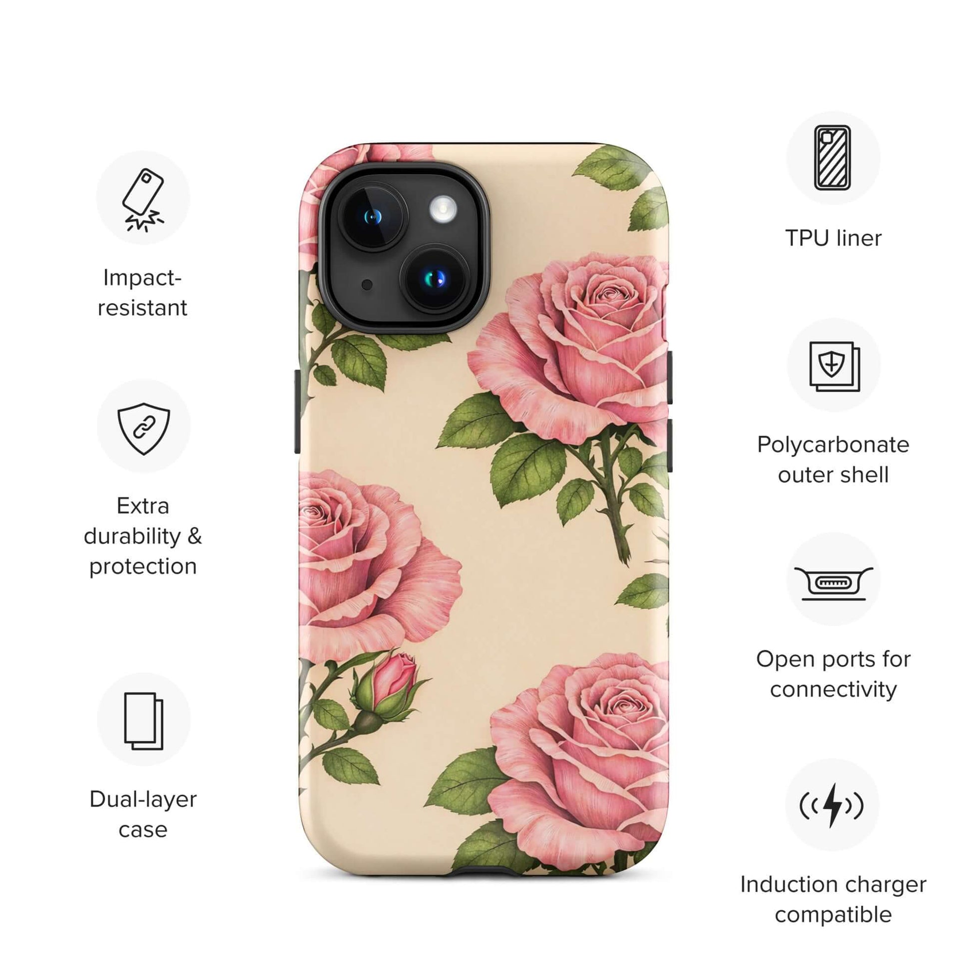 Phone Case for iPhone with pink roses on warm cream, impact-resistant, dual-layer protection, perfect for a garden-inspired elegance.