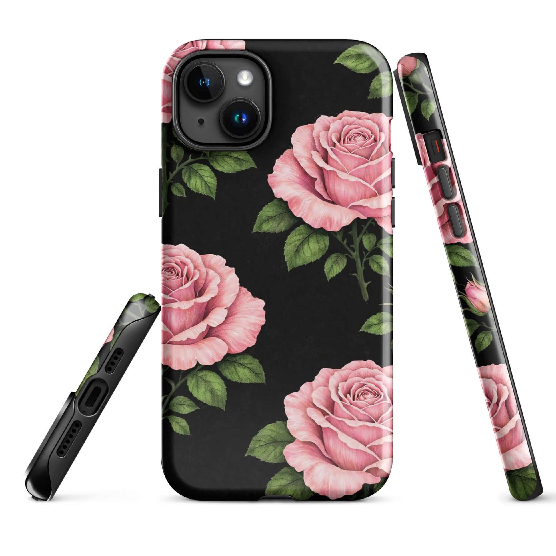 Phone Case for iPhone with pink rose garden design on black background, featuring hand-sketched floral pattern with green leaves.
