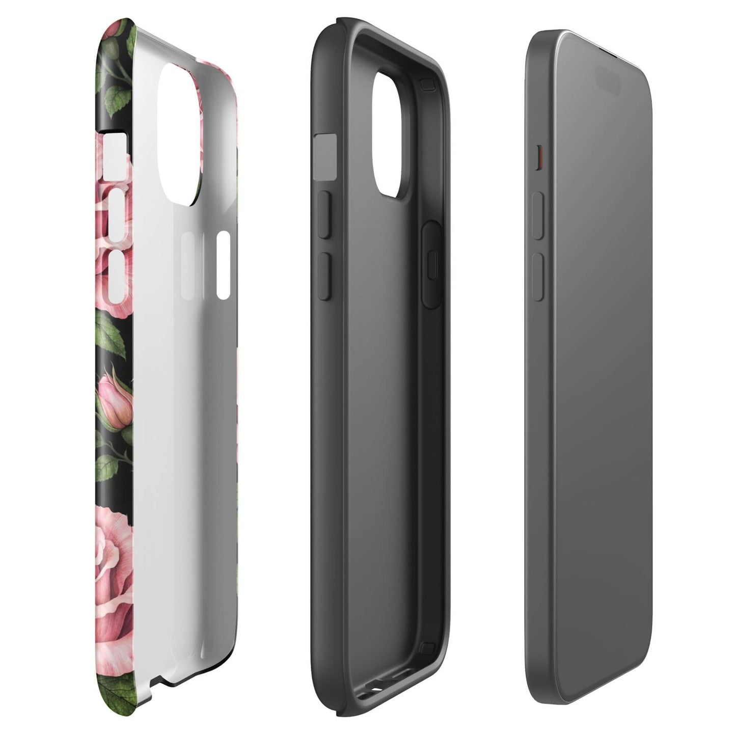 Phone Case for iPhone with pink rose garden design, side and back view