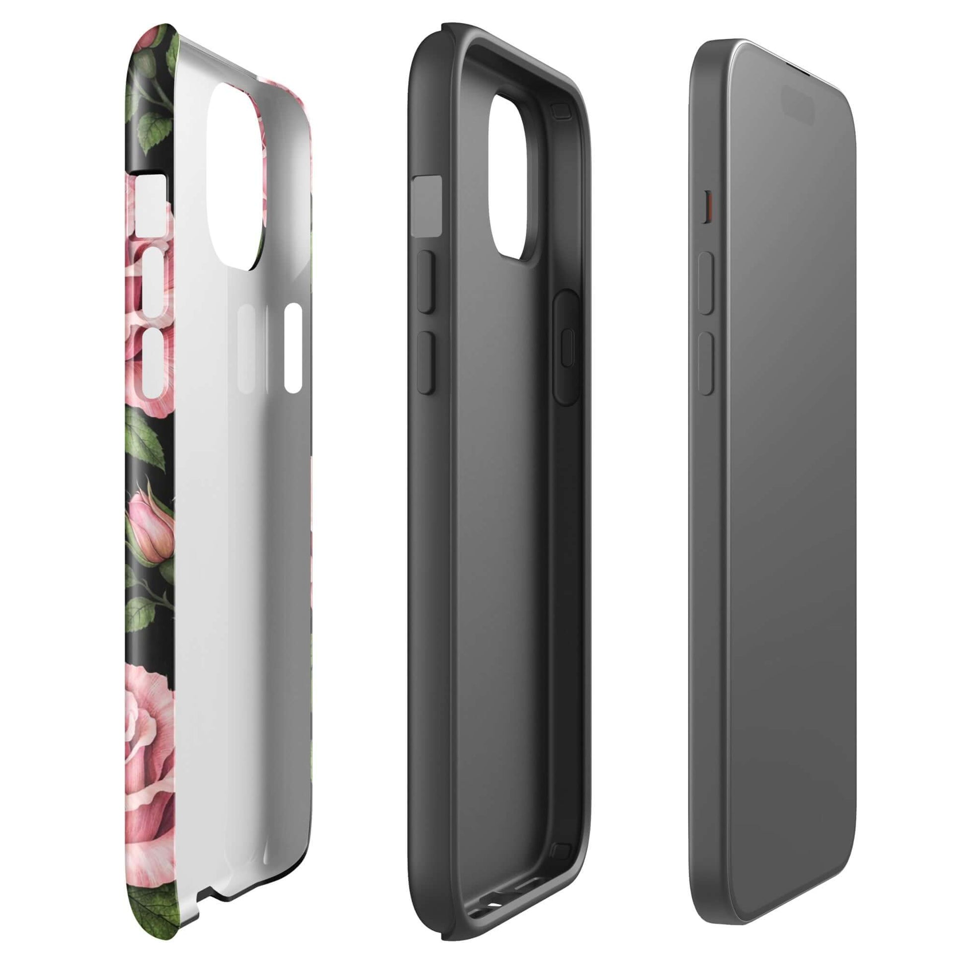 Phone Case for iPhone with pink rose garden design, side and back view