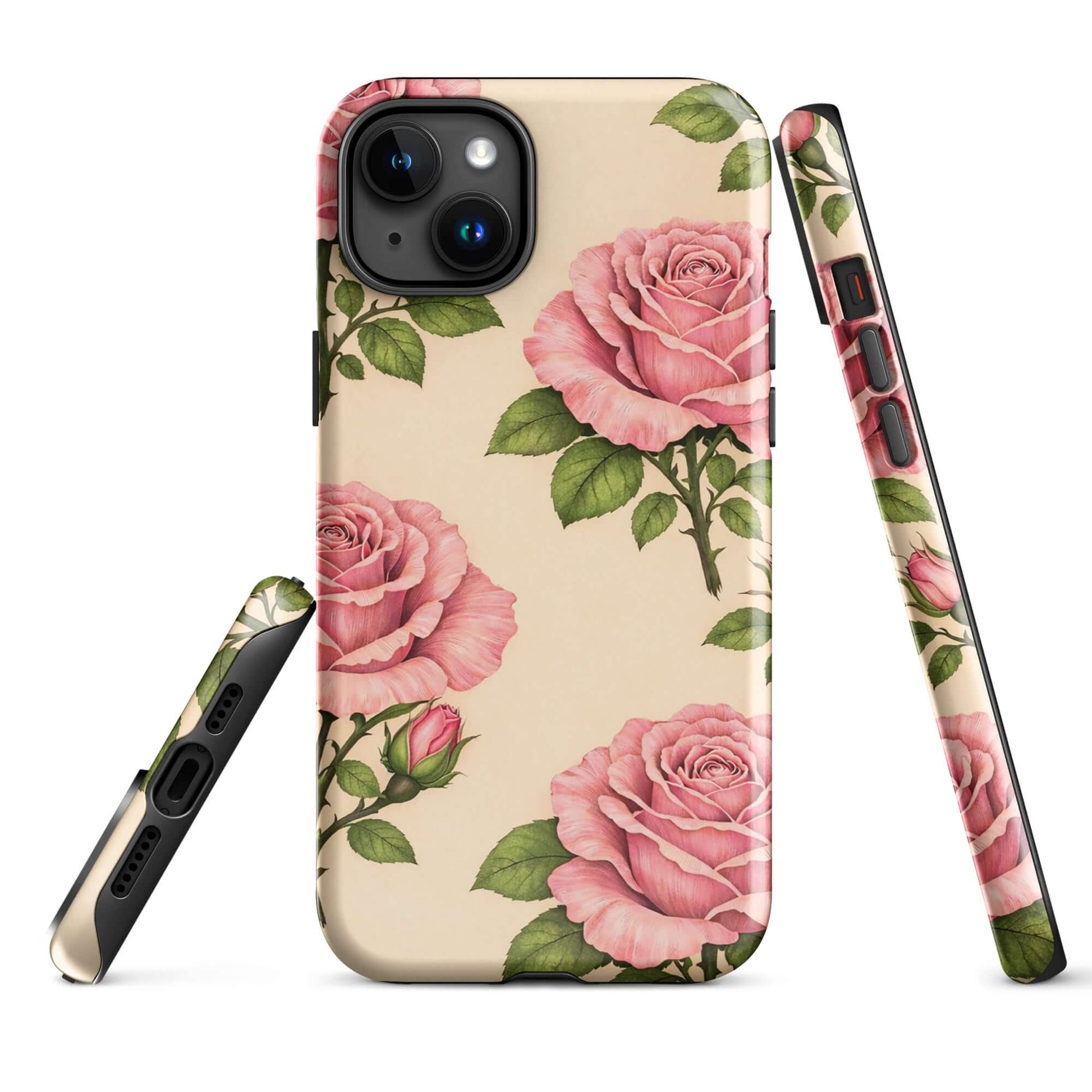 Phone Case featuring pink roses and green leaves on a warm cream background, designed for iPhone.