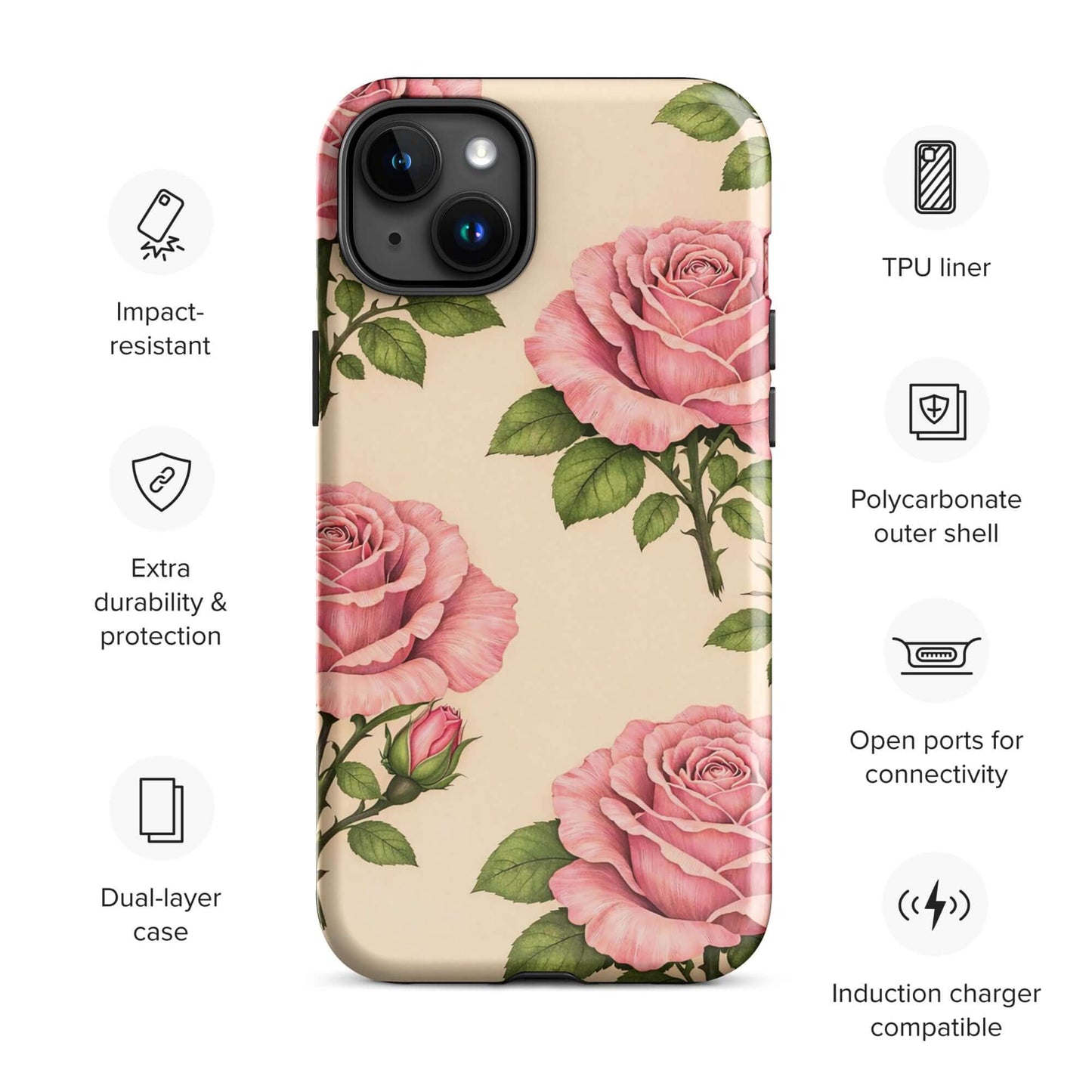 Phone Case for iPhone with pink roses and cream background, impact-resistant, dual-layer, TPU liner, polycarbonate shell, compatible with induction charger.