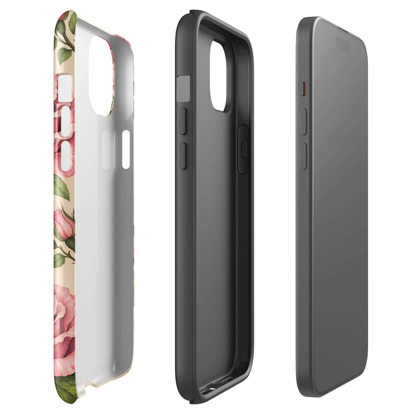 Phone Case for iPhone with pink rose design on a cream background showing various angles.
