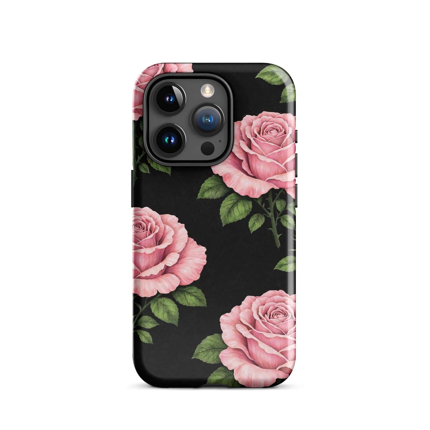 Phone Case for iPhone featuring pink rose garden design with hand-sketched roses on a black background.