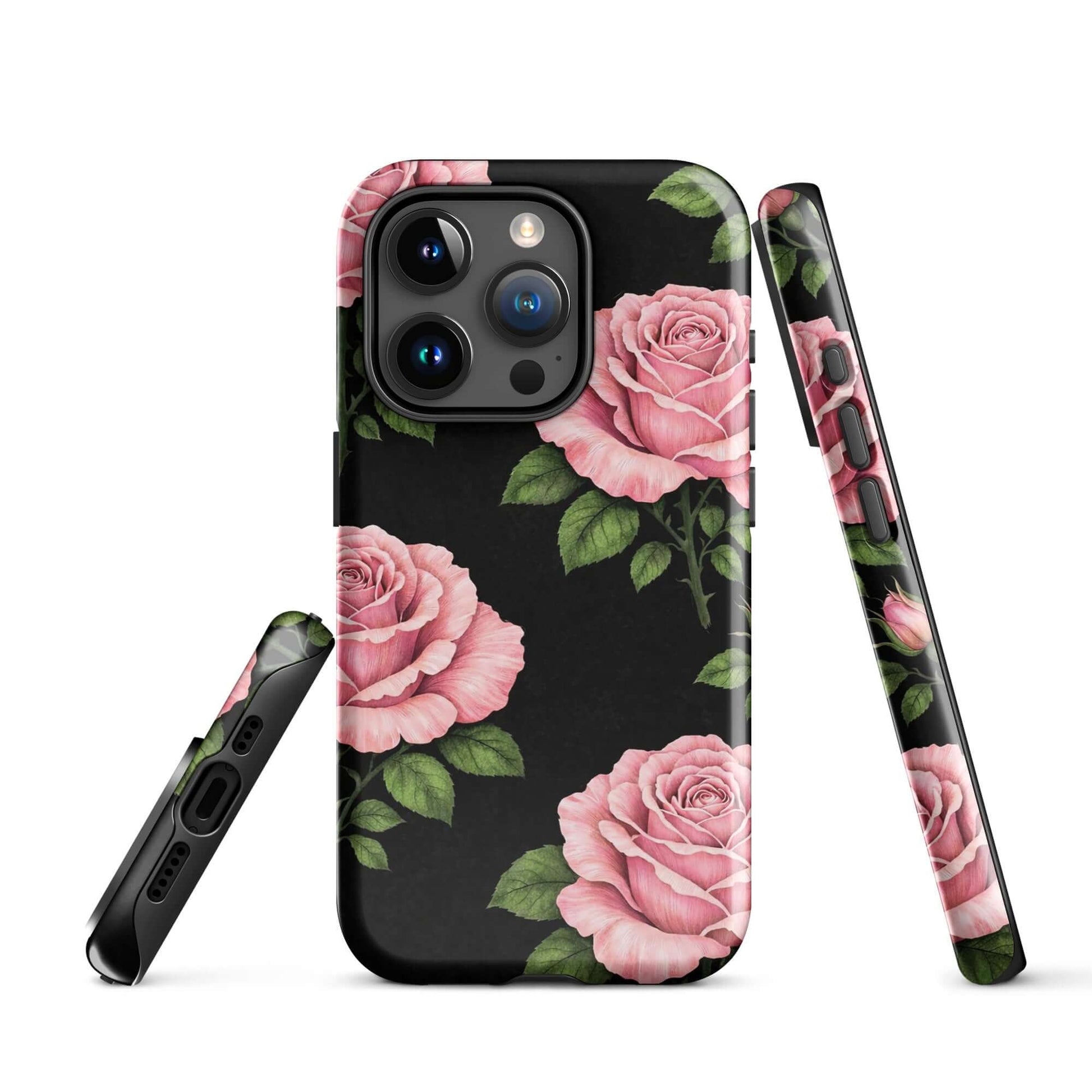 Phone Case for iPhone with pink rose garden design and black background, featuring hand-sketched roses and green leaves for floral charm.