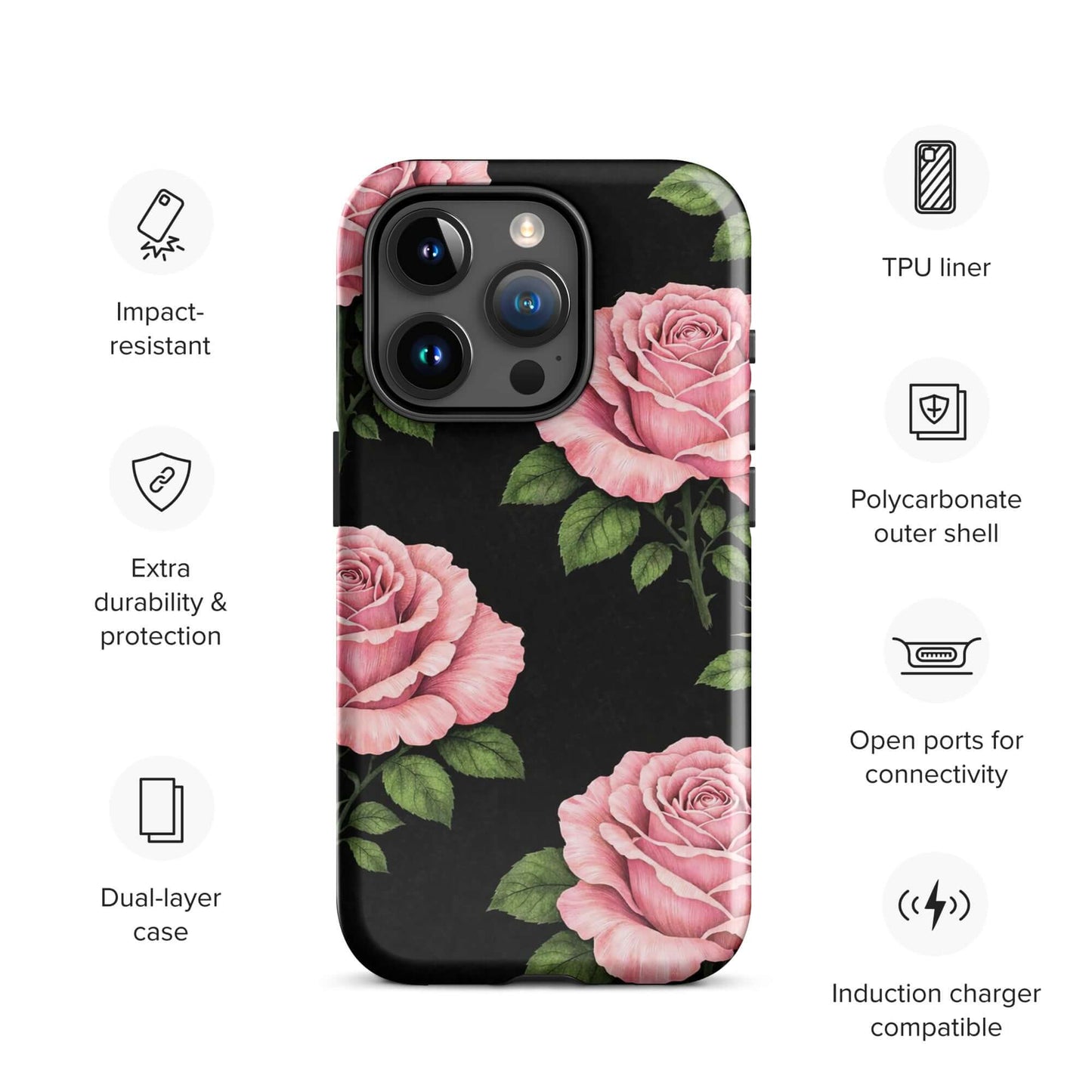 Phone Case for iPhone with pink rose garden design on black background, featuring impact-resistant and dual-layer protection.