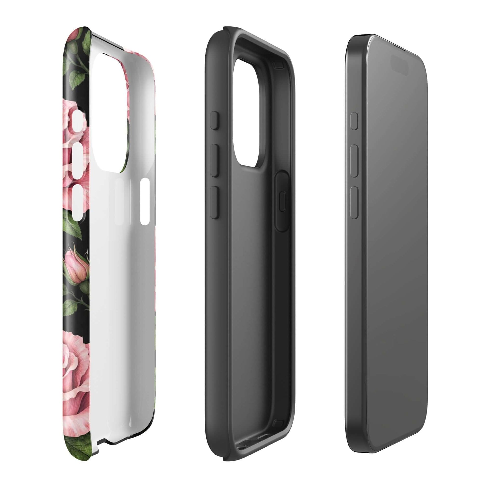 Phone Case for iPhone featuring pink roses and green leaves on black background, showcasing floral design and tough protection.