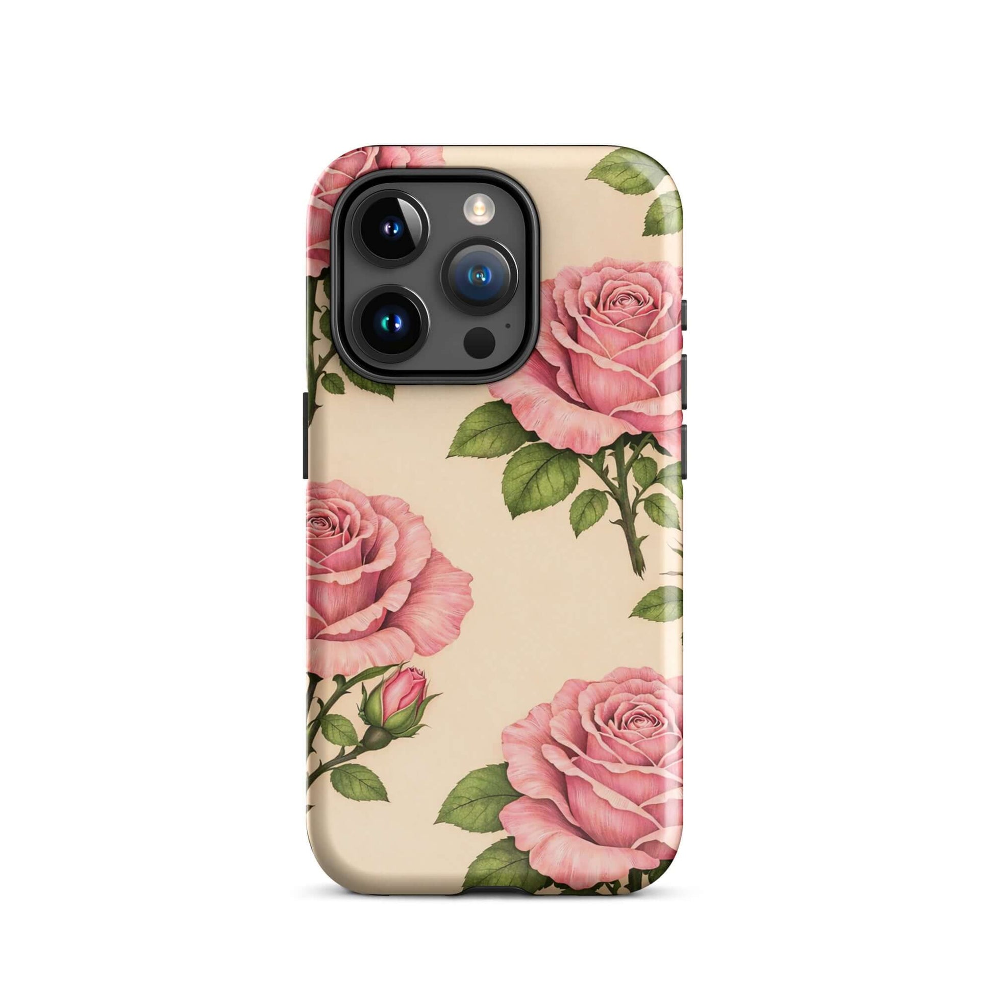 Phone Case for iPhone with pink rose garden design on warm cream background.