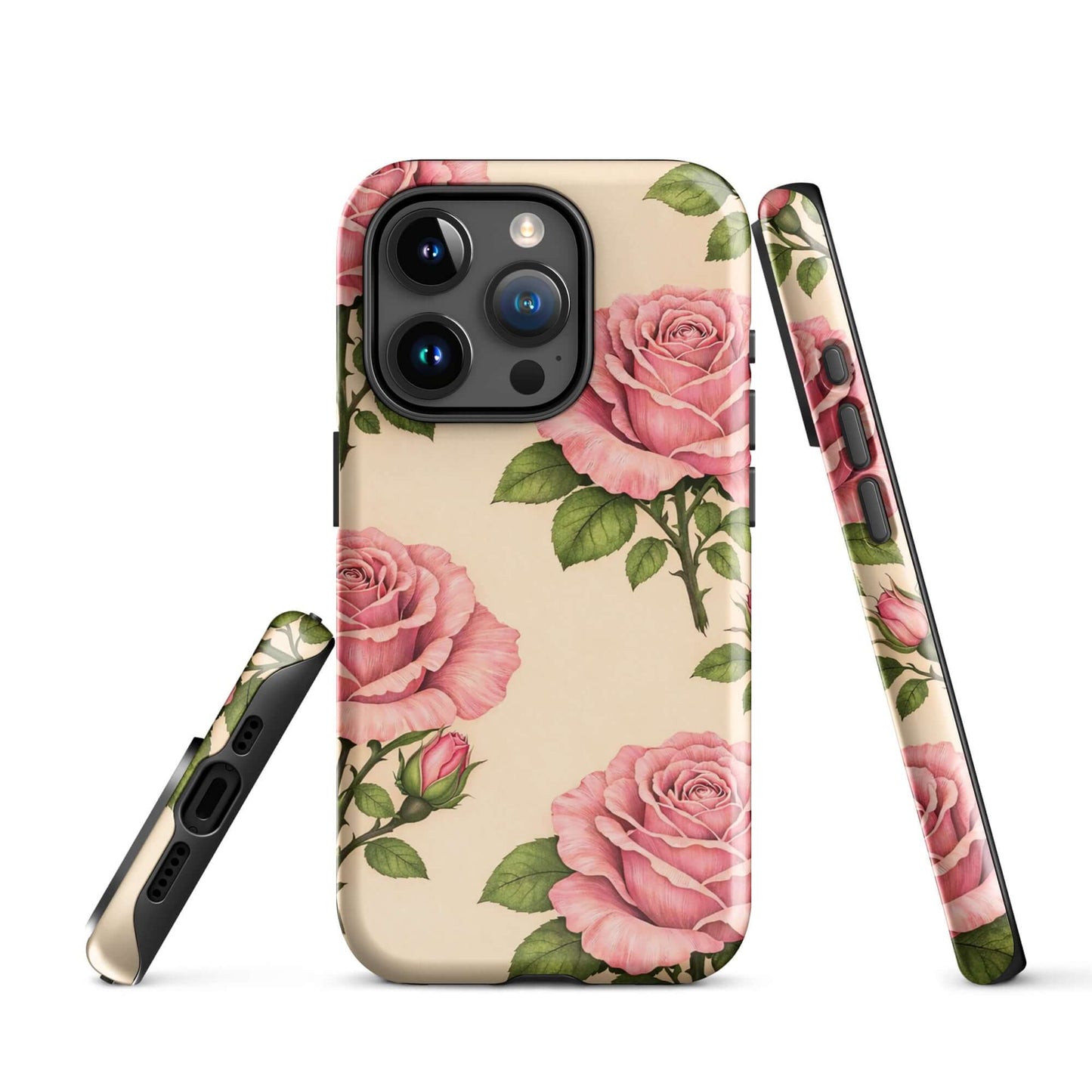 Phone Case with pink roses on a warm cream background, elegant design for iPhone protection and style.