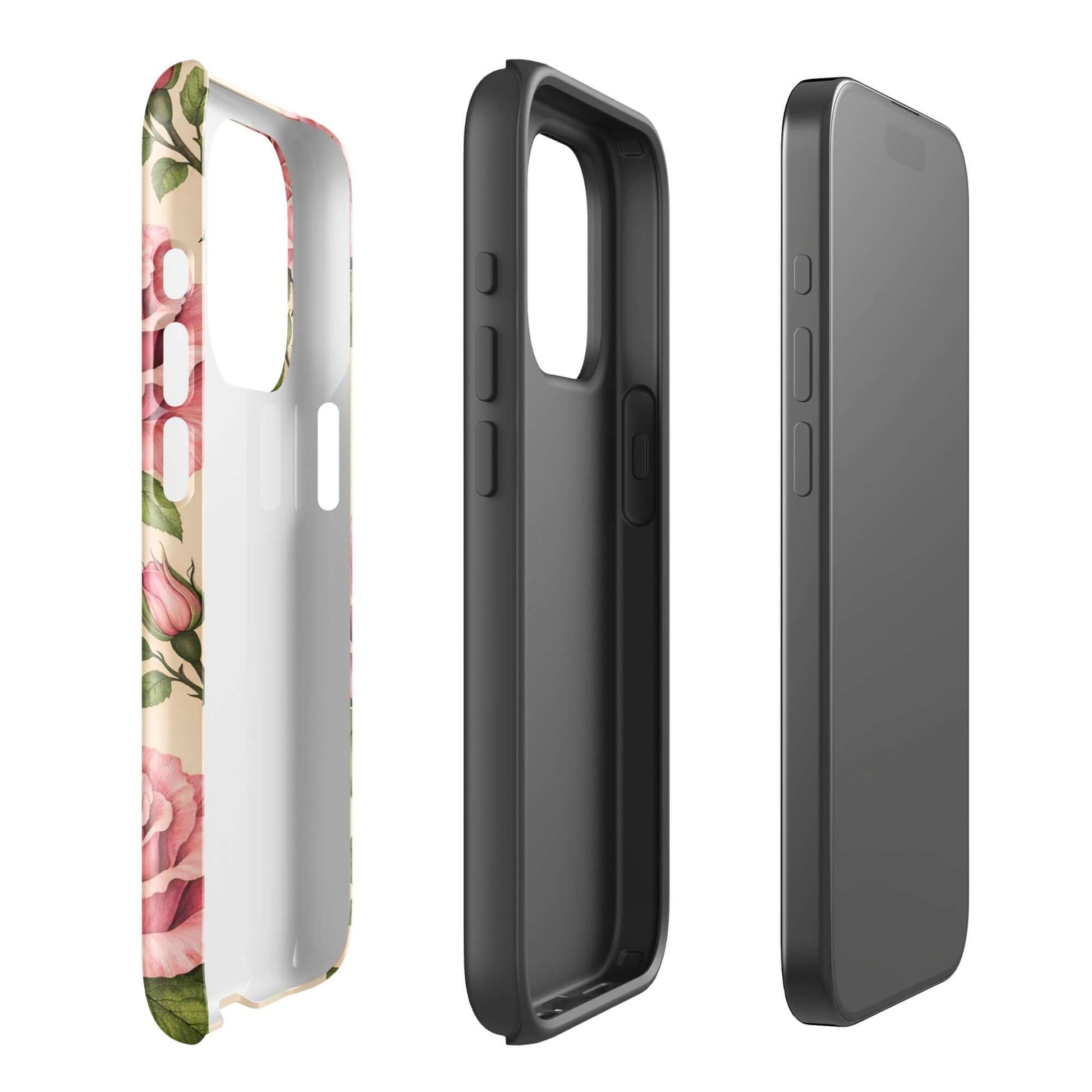 Phone Case for iPhone with pink rose garden design on warm cream background