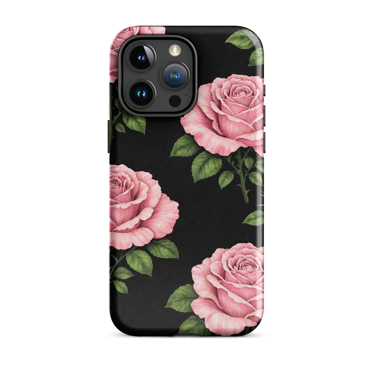 Phone Case for iPhone featuring pink rose garden design on black background with hand-sketched floral elements.