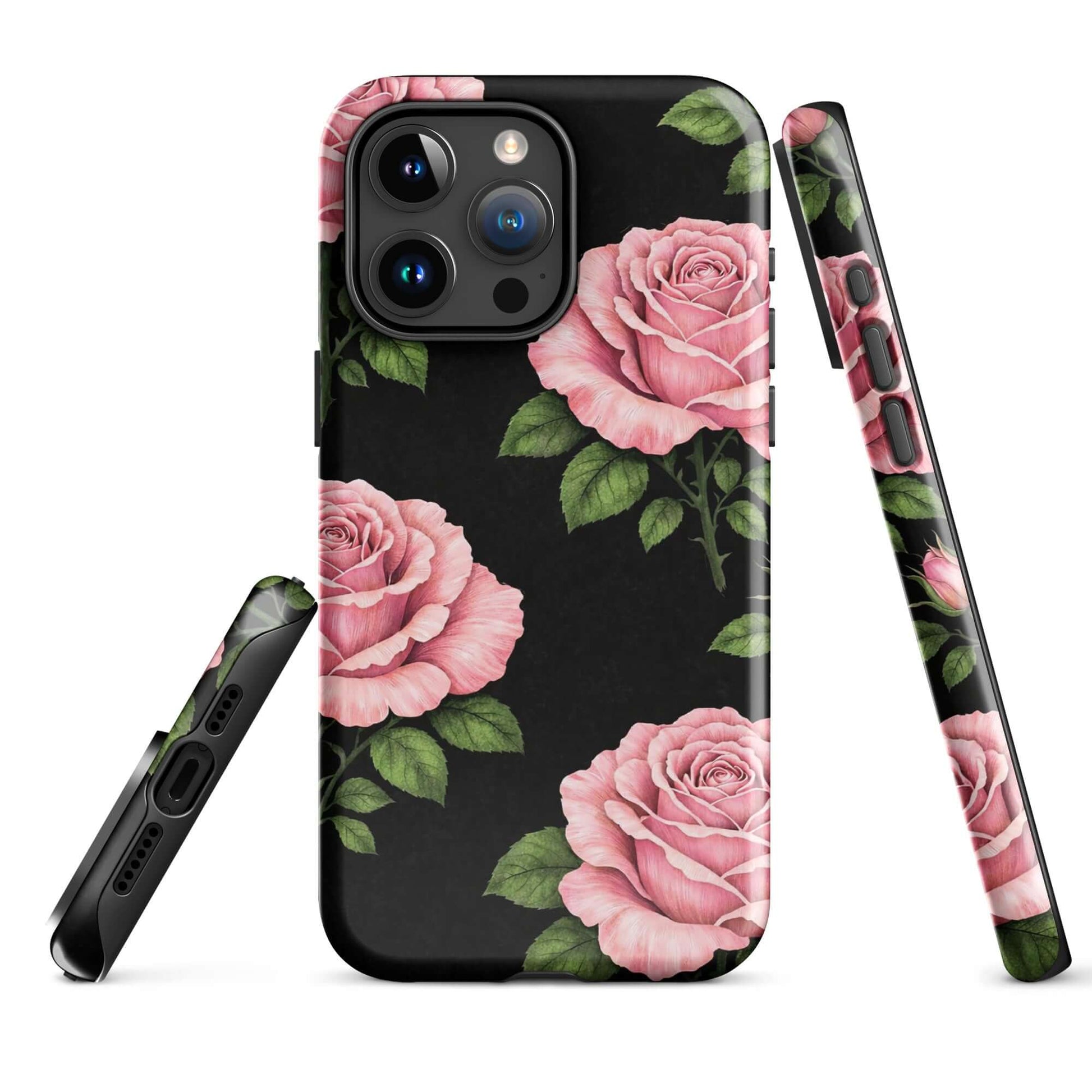 Phone Case for iPhone featuring pink rose garden design with black background and lush green leaves. Floral charm and elegance.