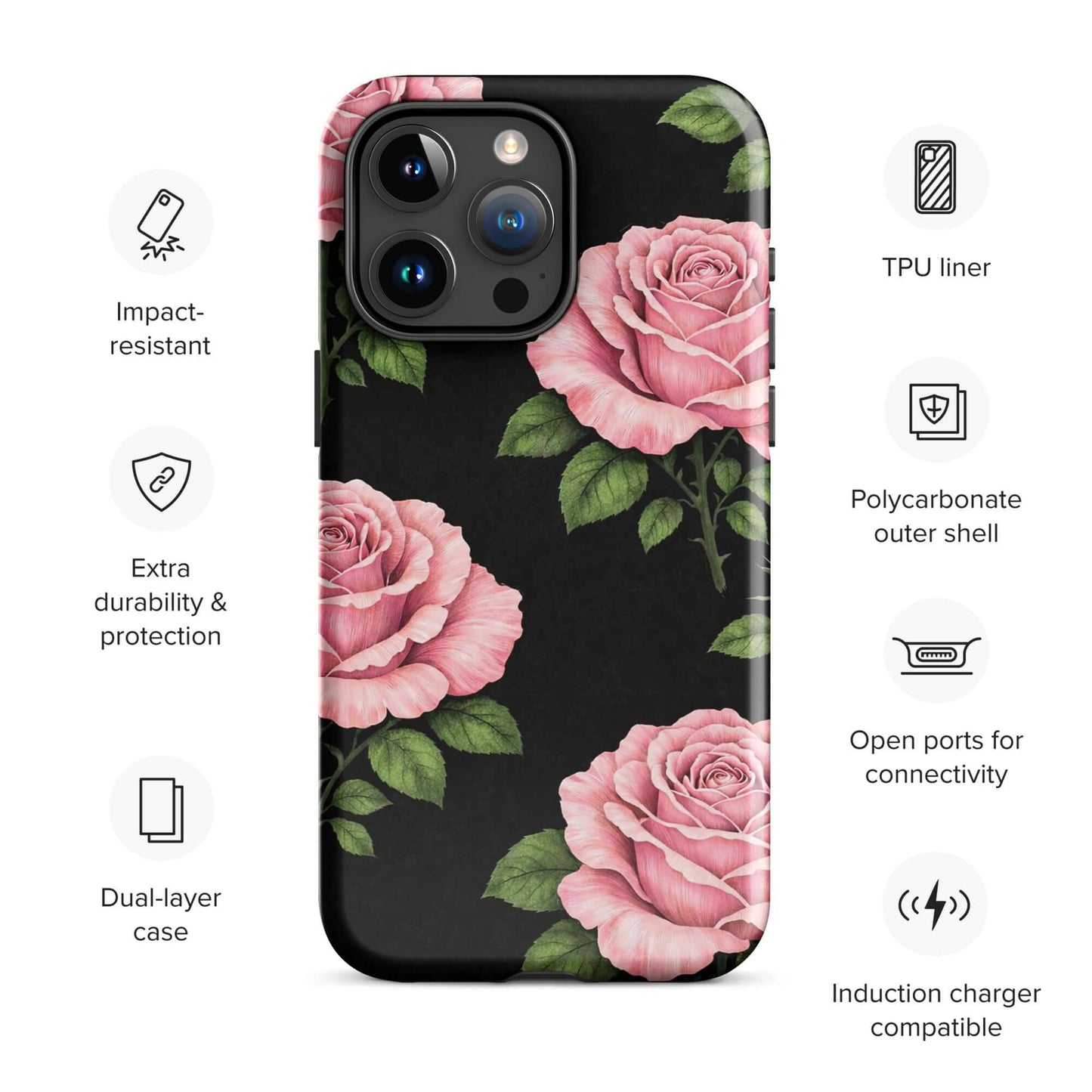 Phone Case for iPhone: Pink Rose Garden Tough Case with pink roses on black background, impact-resistant, with TPU liner and polycarbonate shell.