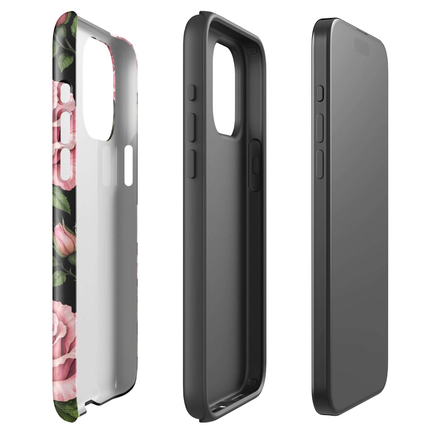 Phone Case for iPhone featuring pink rose garden design with black background