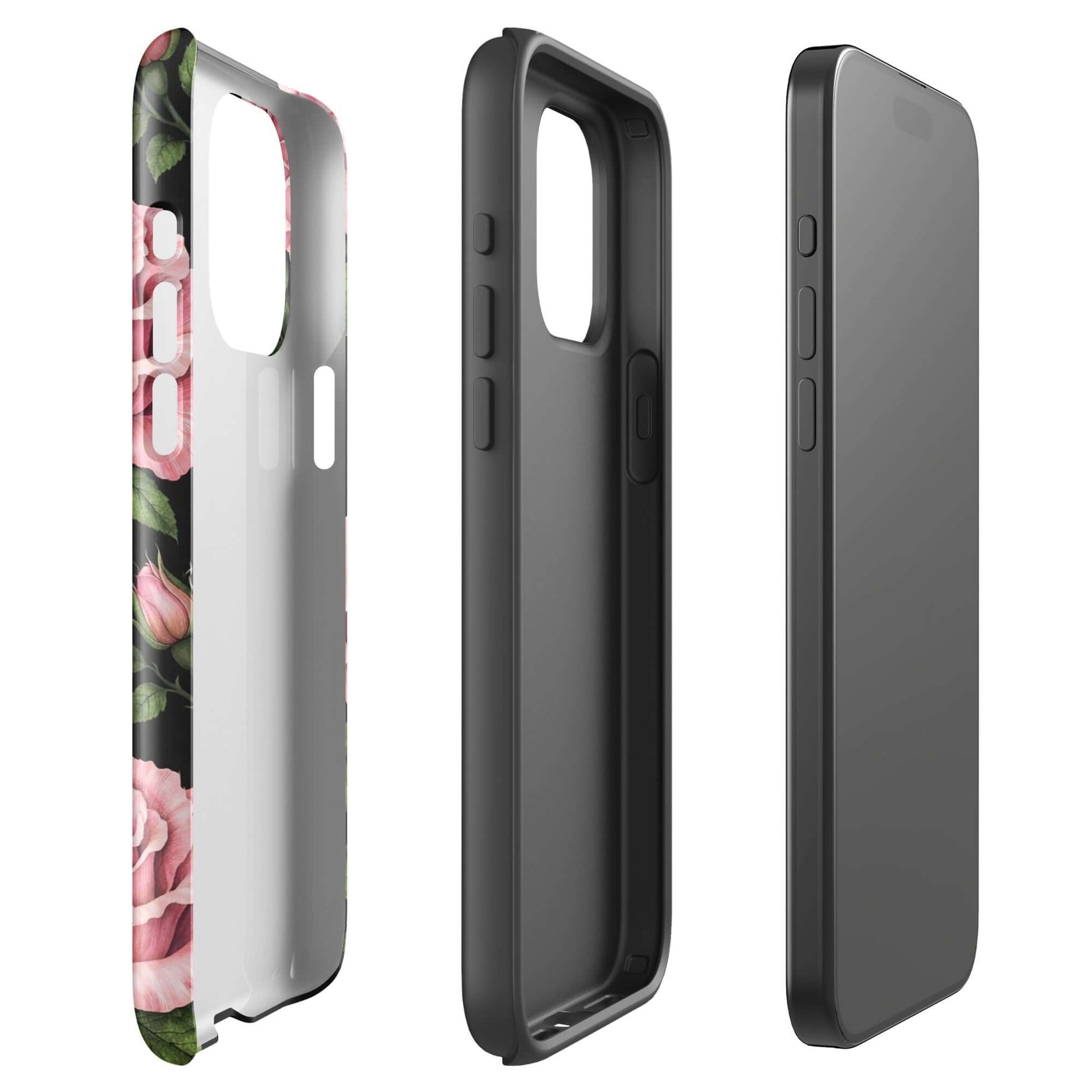 Phone Case for iPhone featuring pink rose garden design with black background
