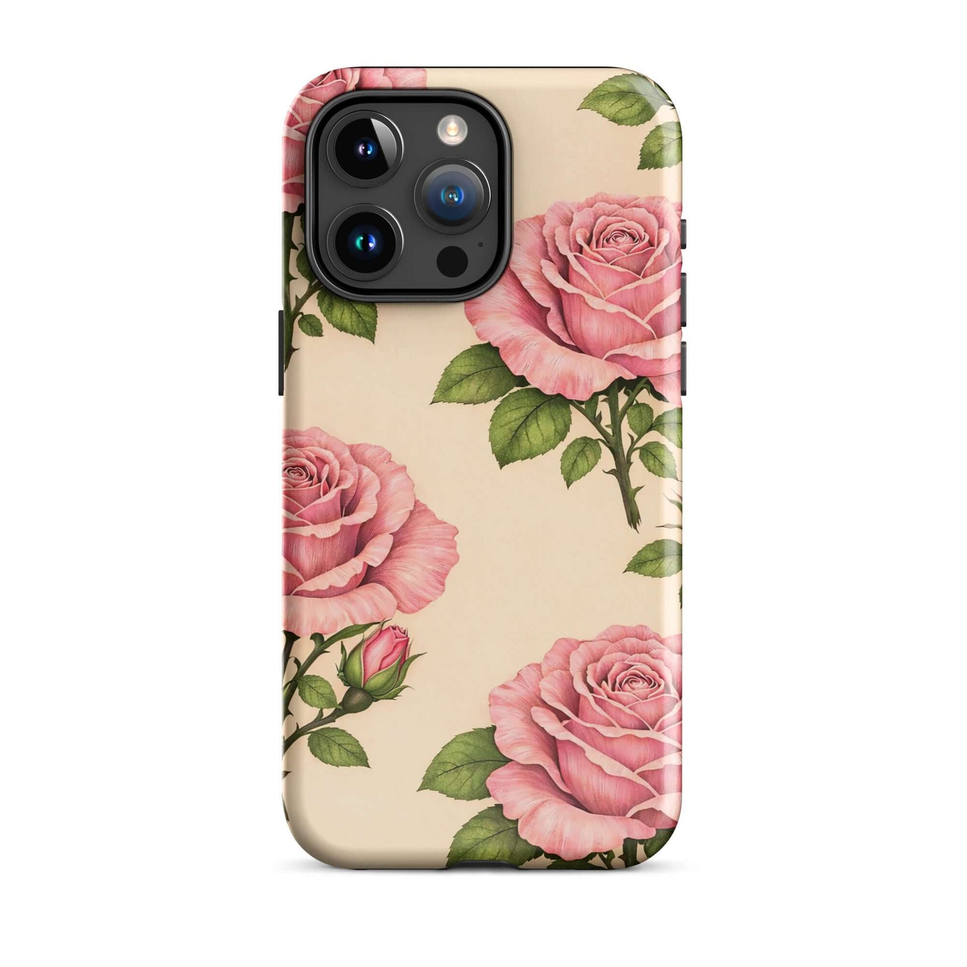 Phone Case for iPhone with pink roses on cream background, elegant design with soft petals and green leaves for stylish protection.