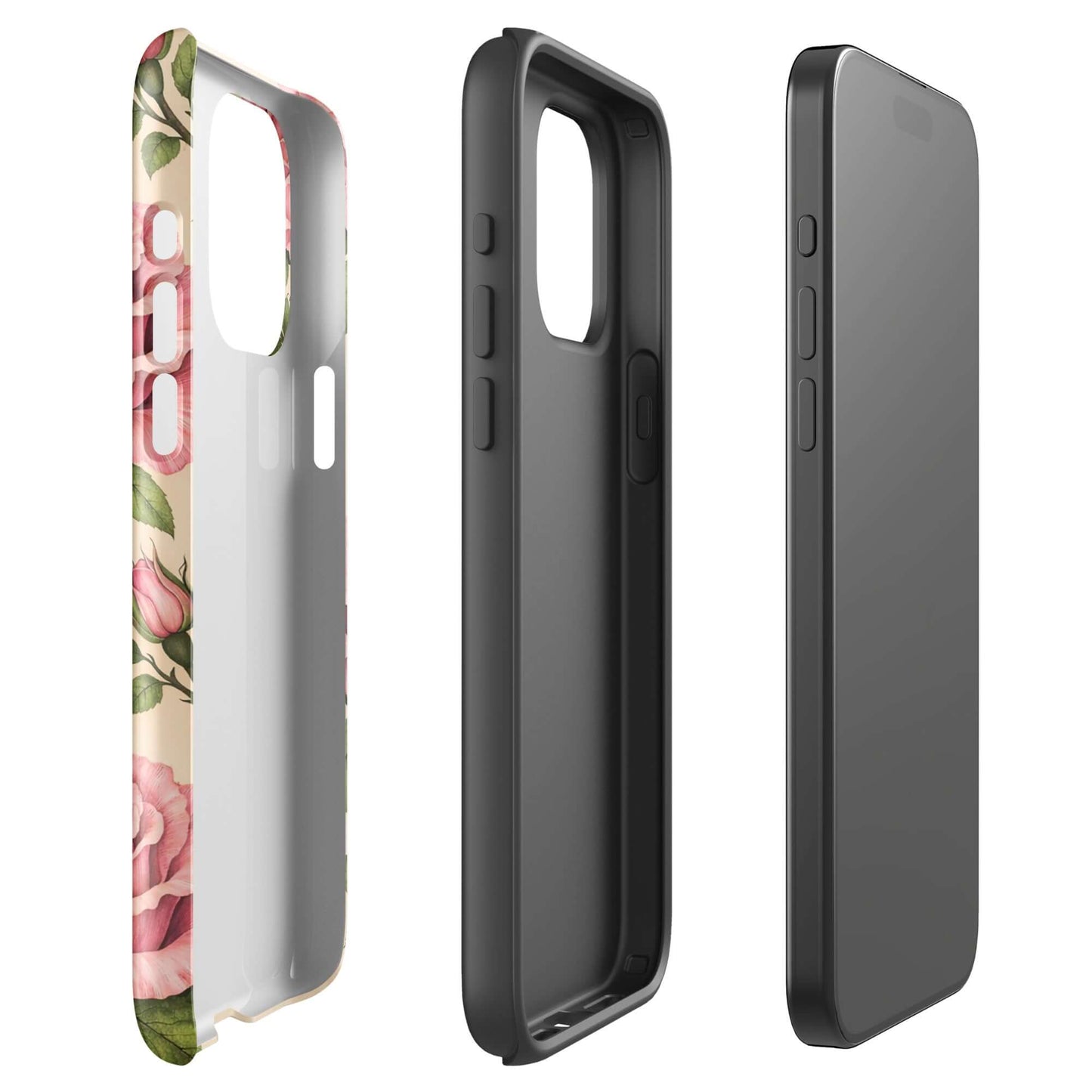 Phone Case for iPhone with pink rose garden design on cream background, showcasing durability and style from different angles.