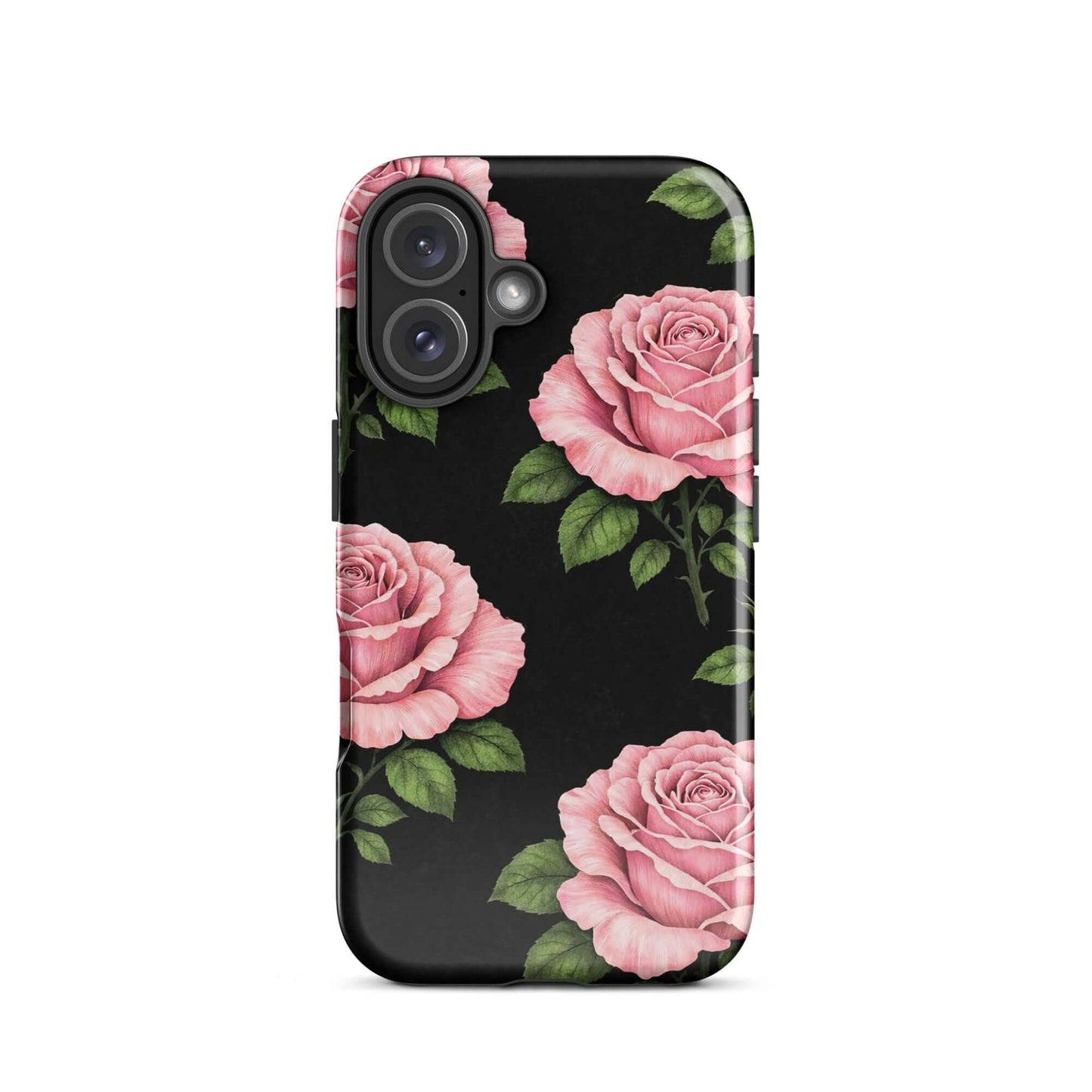Phone Case for iPhone featuring a pink rose garden design on a black background with green leaves, adding floral charm and elegance.