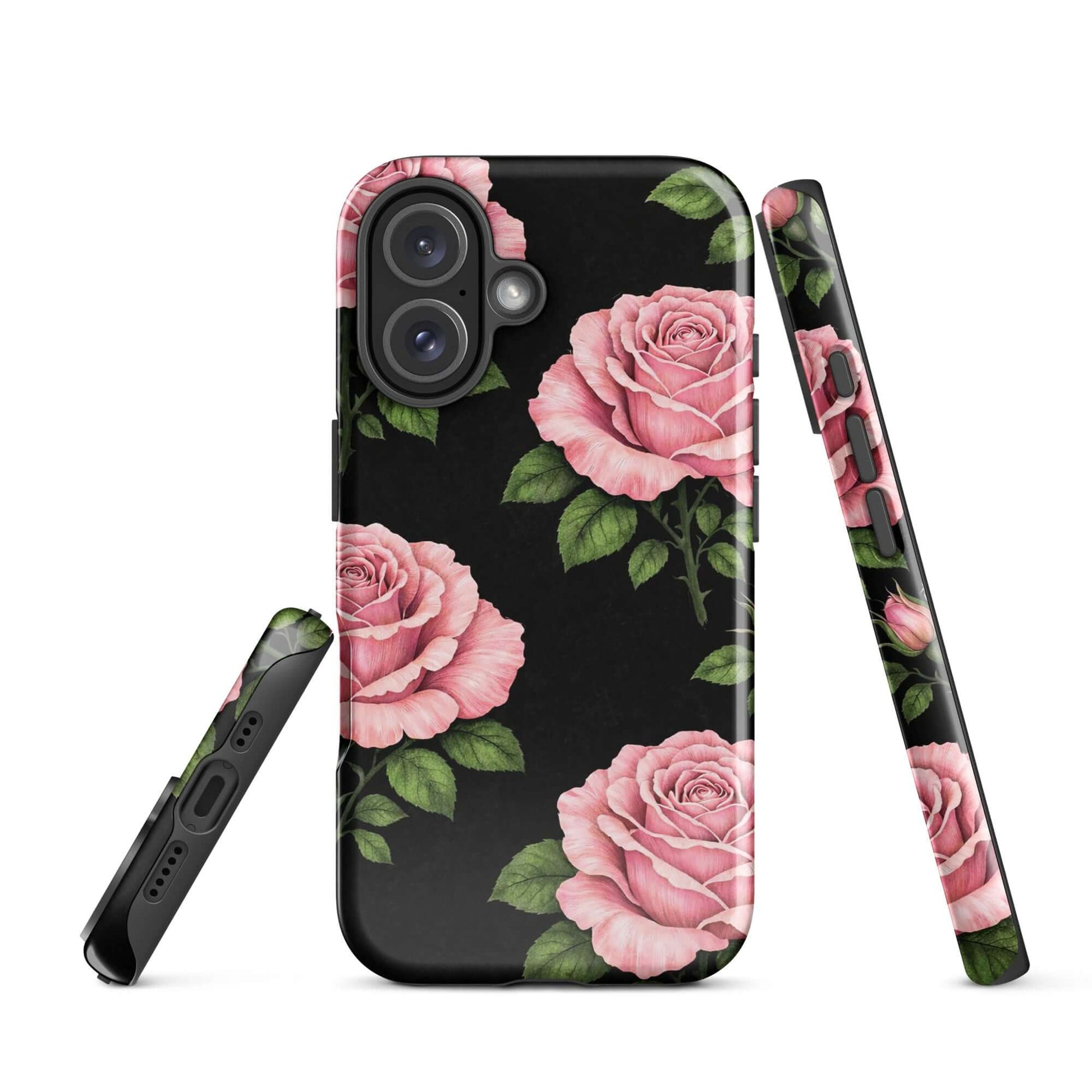 Phone Case for iPhone featuring pink rose garden design with lush green leaves on black background, floral charm, stylish protection.