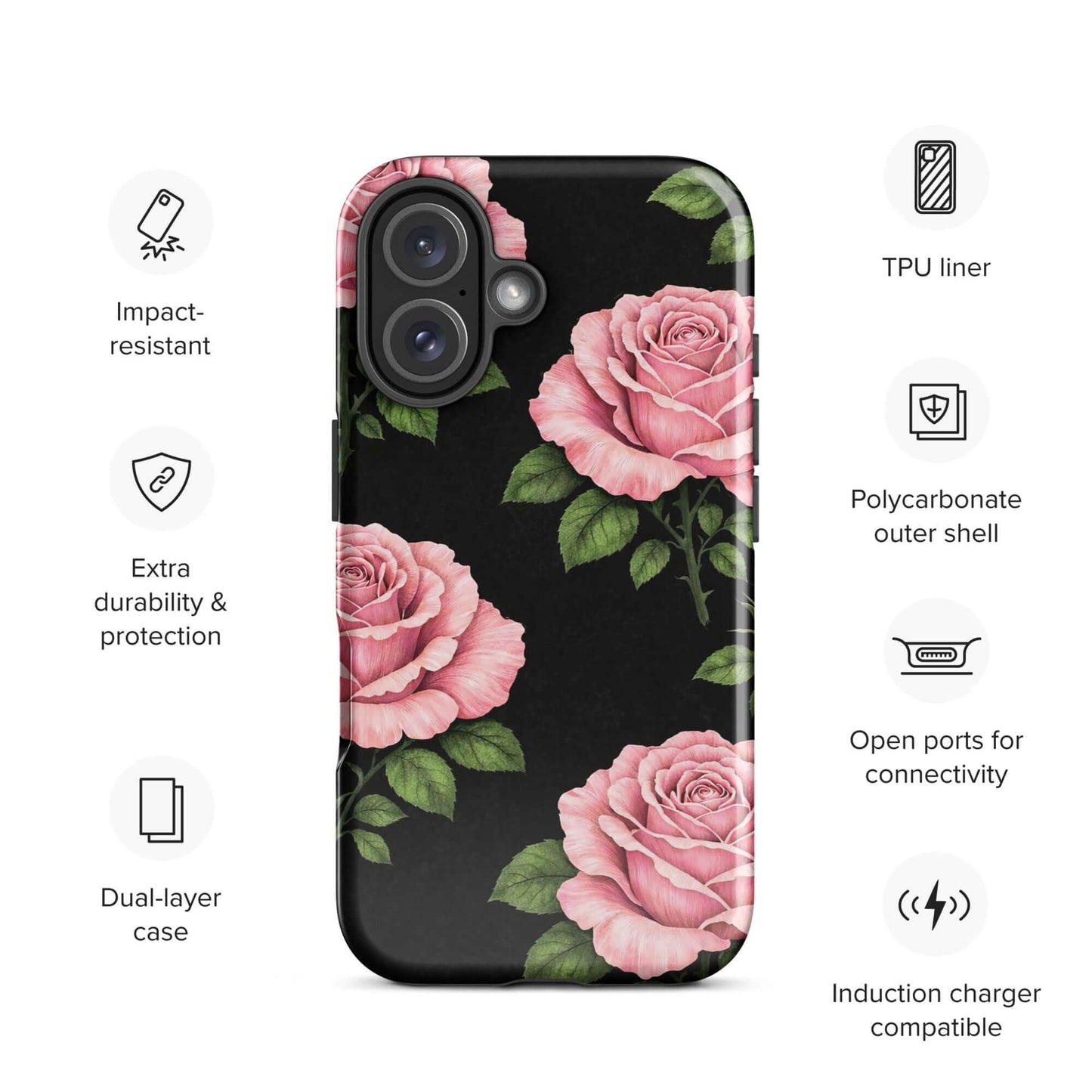 Phone Case for iPhone with pink rose garden design, black background, impact-resistant dual-layer protection