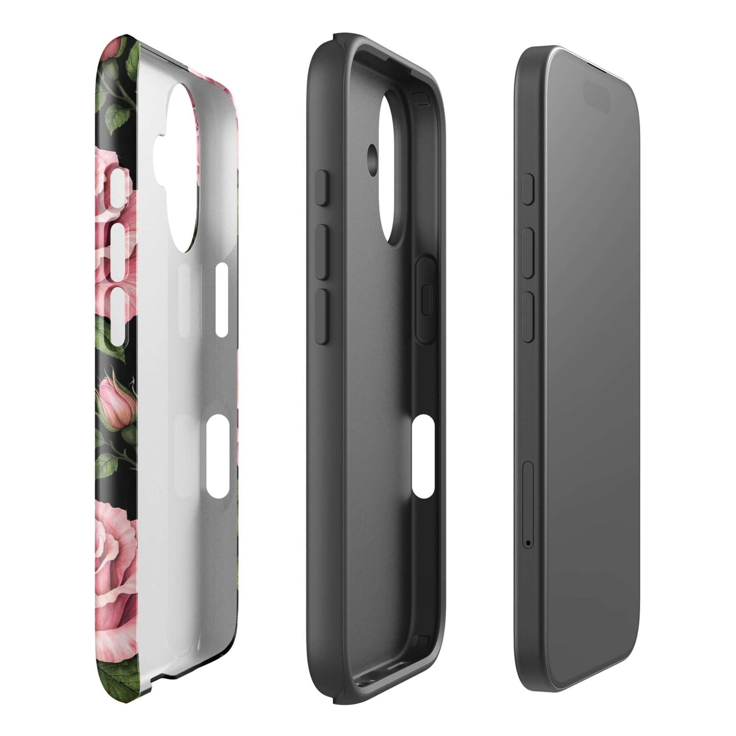 Phone Case for iPhone with pink rose garden design featuring pink roses and green leaves, tough case for protection.