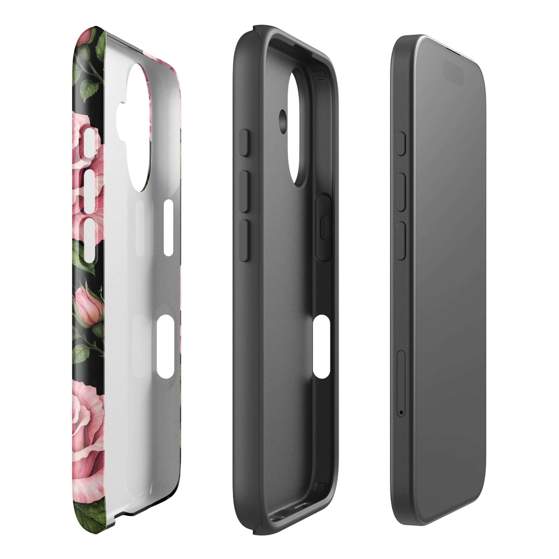 Phone Case for iPhone with pink rose garden design featuring pink roses and green leaves, tough case for protection.