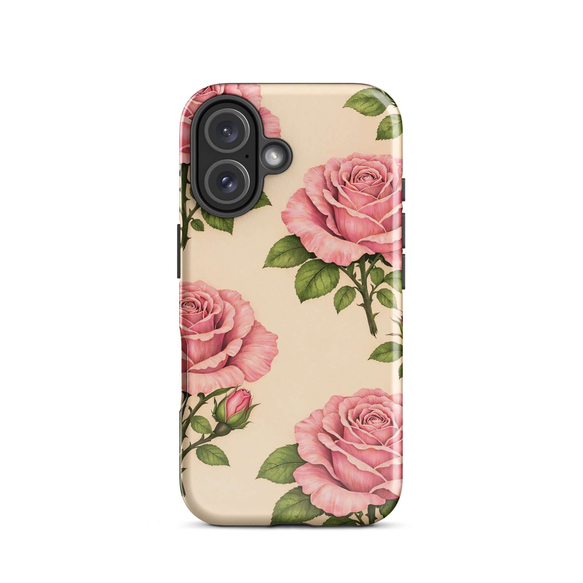 Phone Case for iPhone with pink rose garden design on warm cream background, floral elegance and everyday protection.