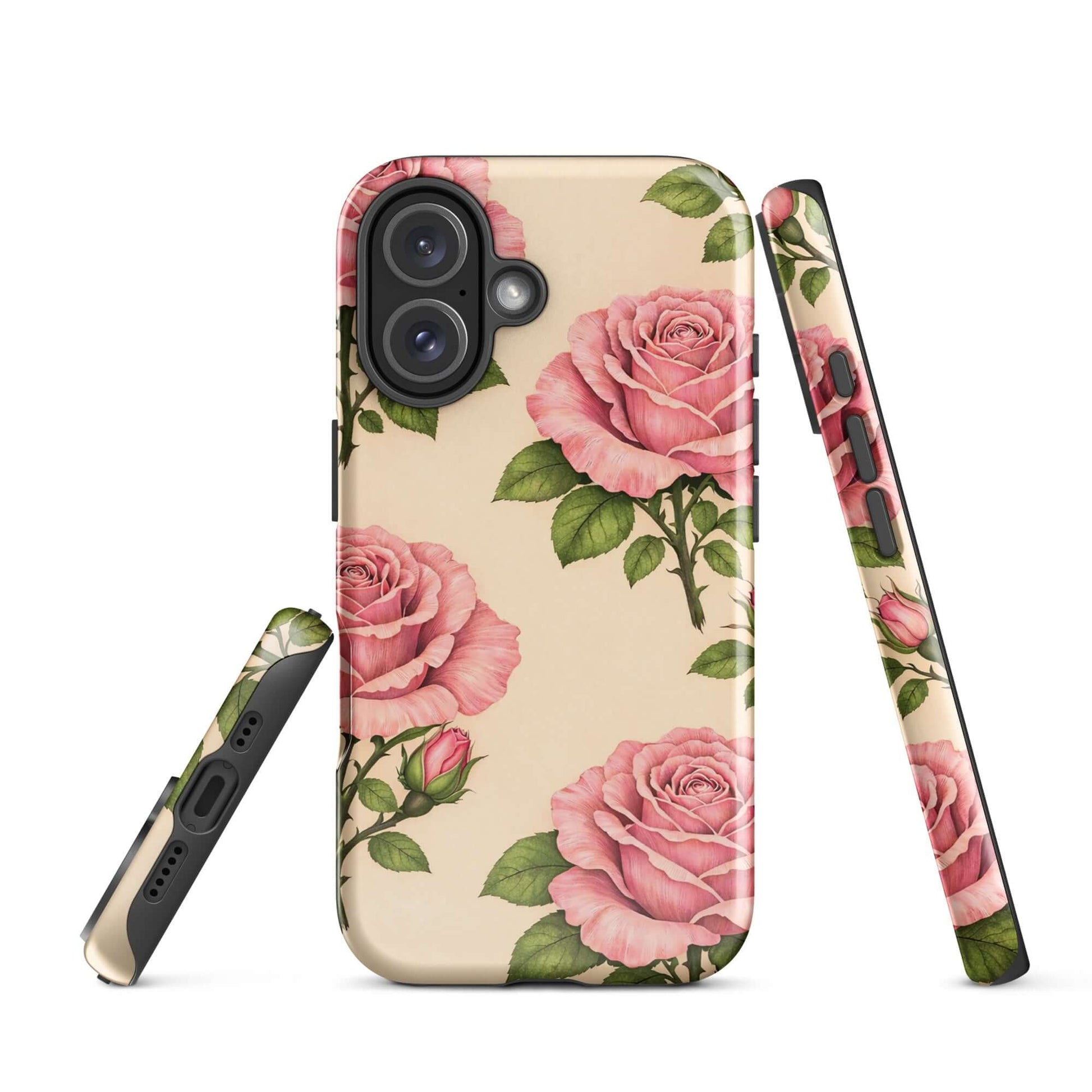 Phone Case for iPhone with pink roses and cream background, elegant floral design