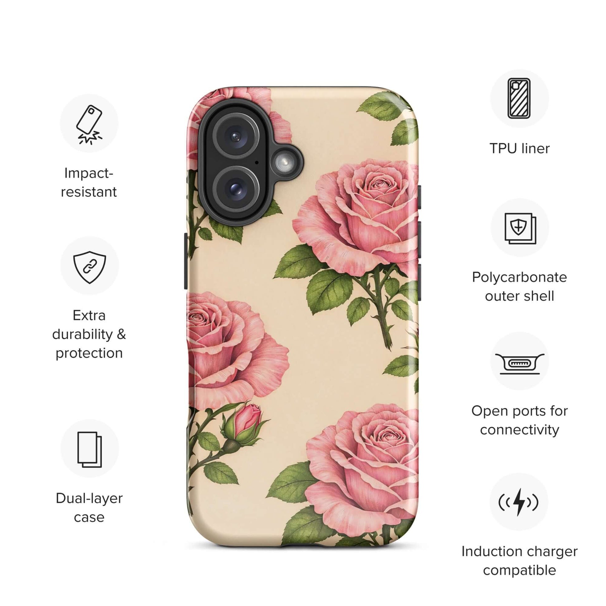 Phone Case for iPhone with pink roses on cream background, offering protection and style with impact-resistant features.