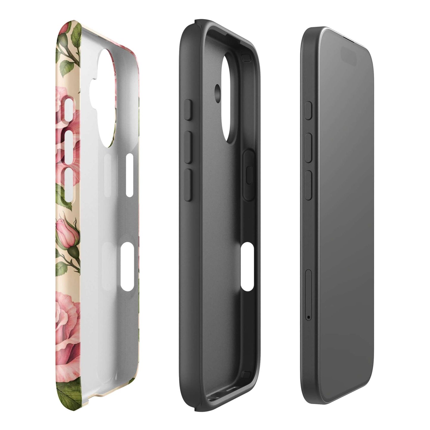 Phone Case with pink rose garden design on a warm cream background, showing all-around protection for iPhone.