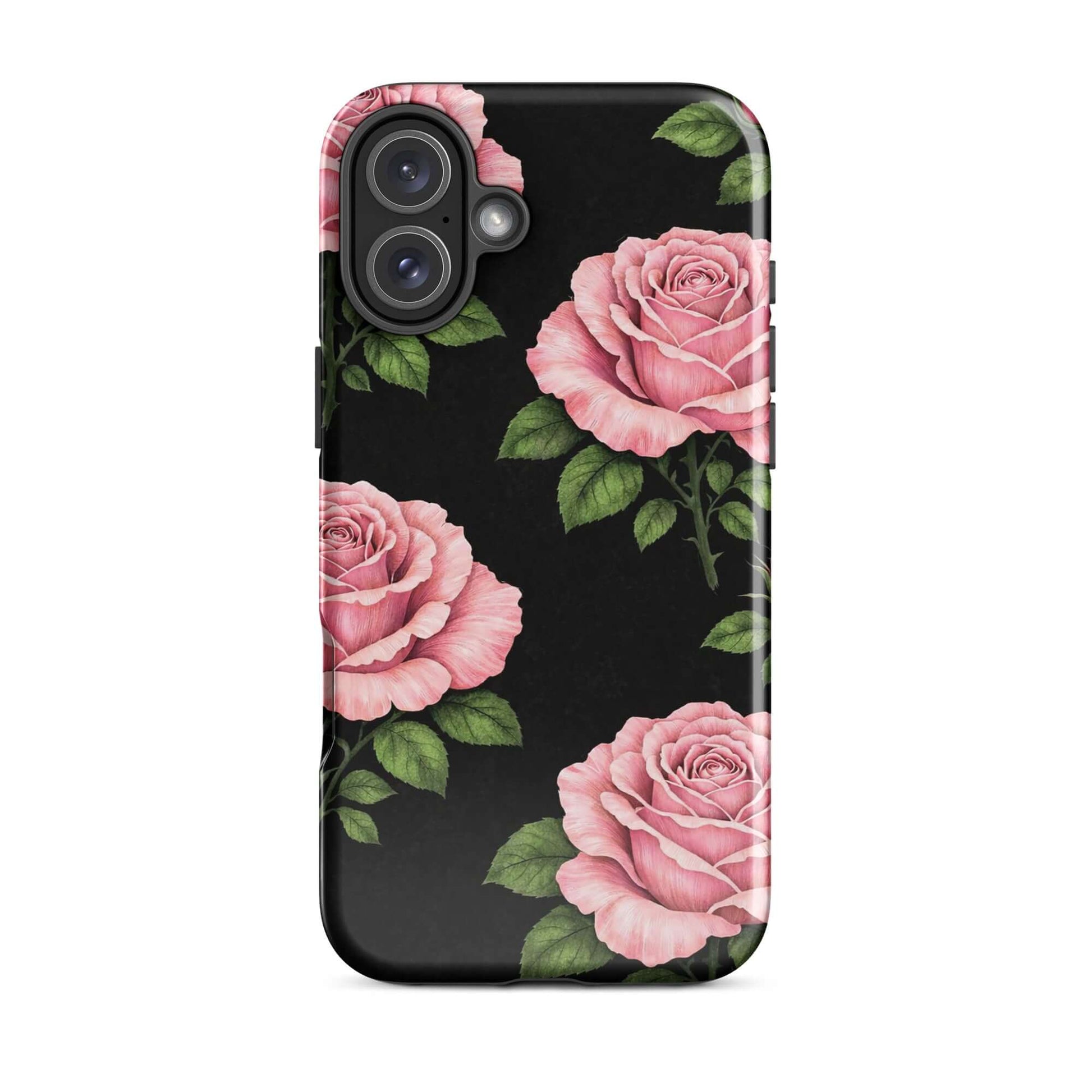 Phone Case with pink rose garden design, floral pattern on black background for iPhone