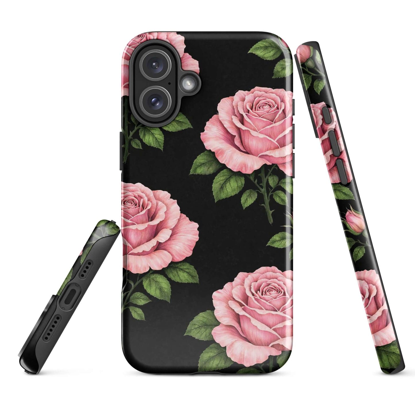 Phone Case for iPhone with pink rose garden design on black background, tough and stylish floral cover.