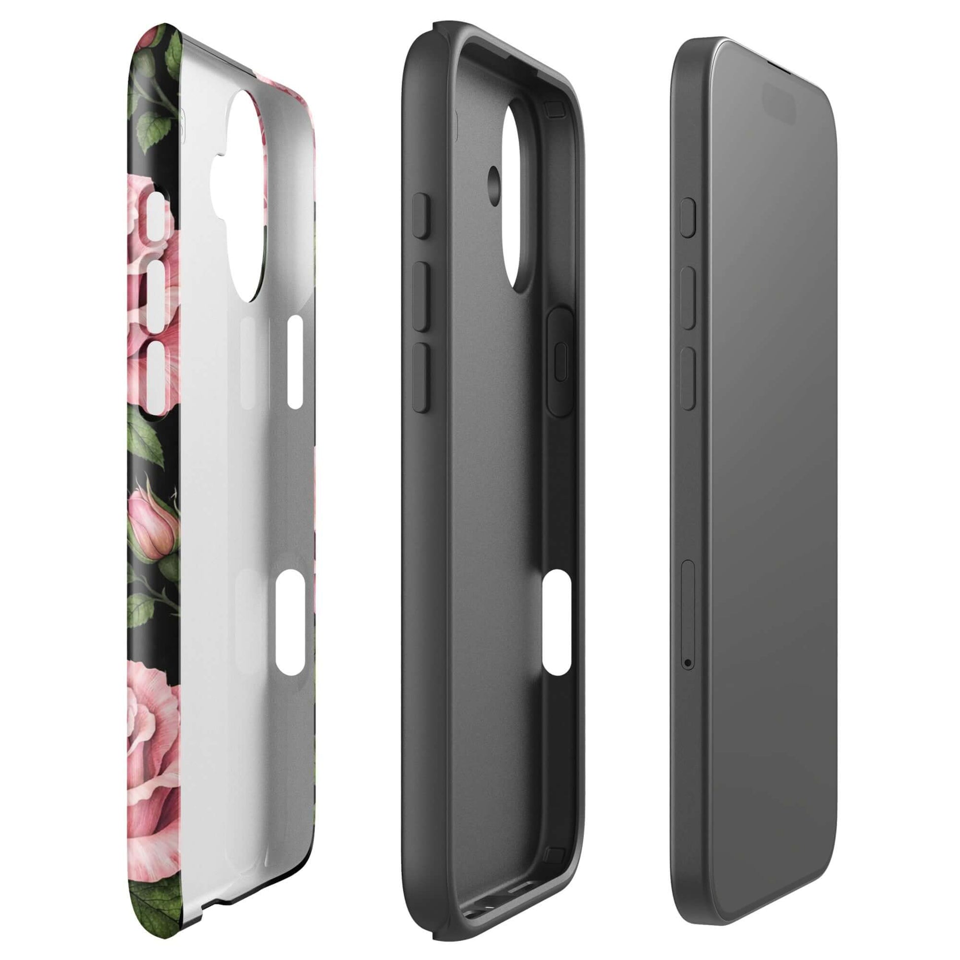 Phone Case with pink rose design for iPhone, featuring a floral pattern on a black background, in a durable tough case style.