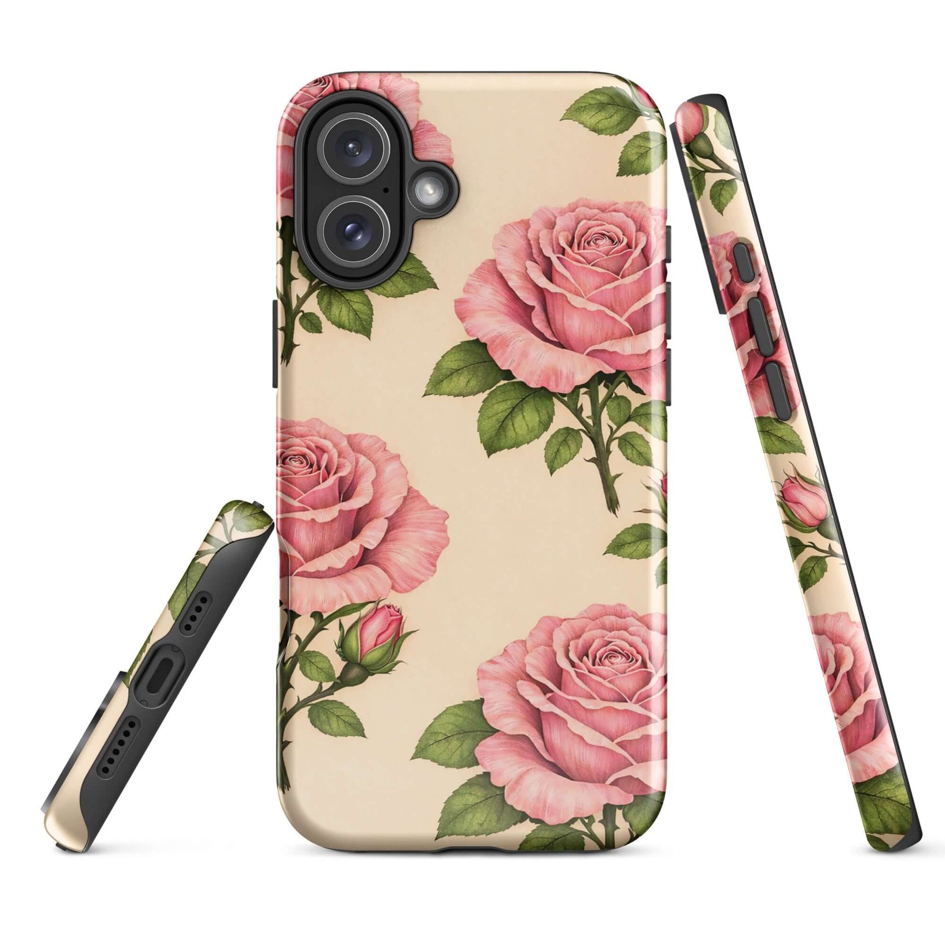Phone Case for iPhone featuring pink roses on warm cream, elegant floral design offering style and protection.