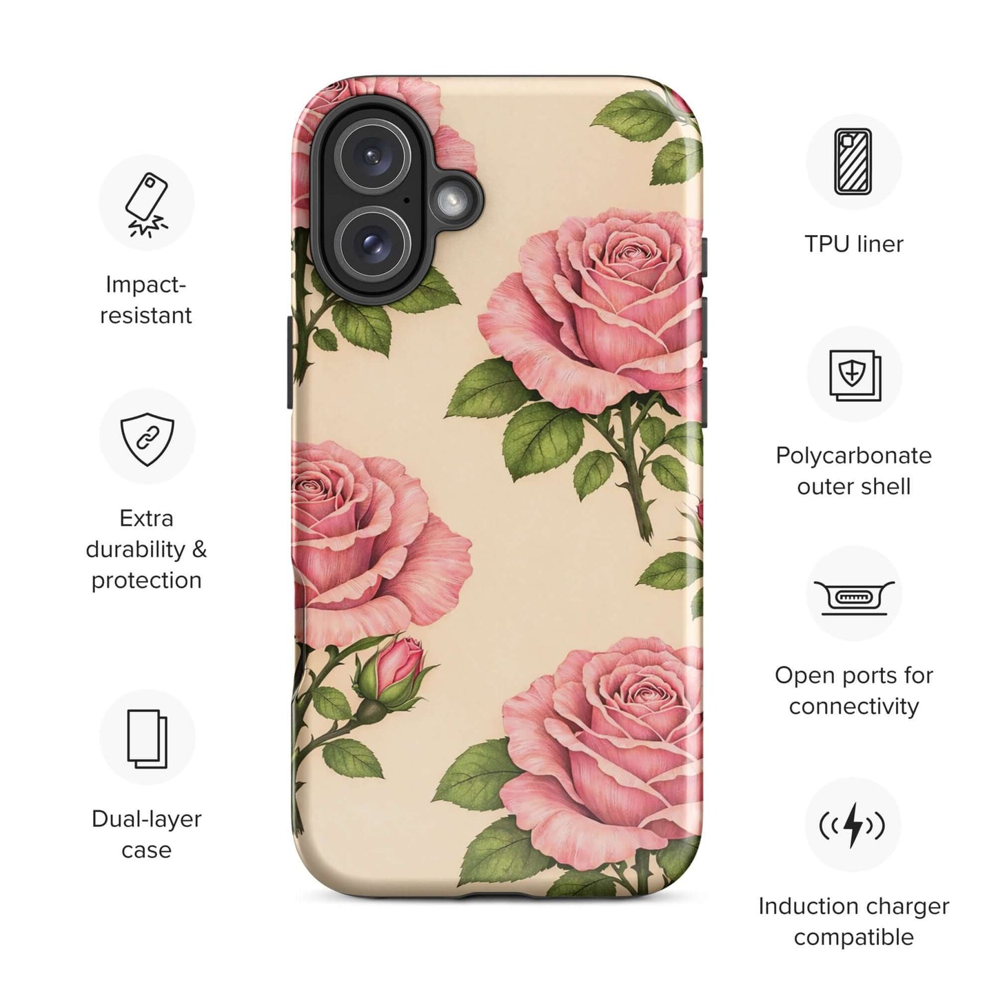 Phone Case for iPhone with pink rose garden design on warm cream, featuring dual-layer protection, TPU liner, and polycarbonate shell.