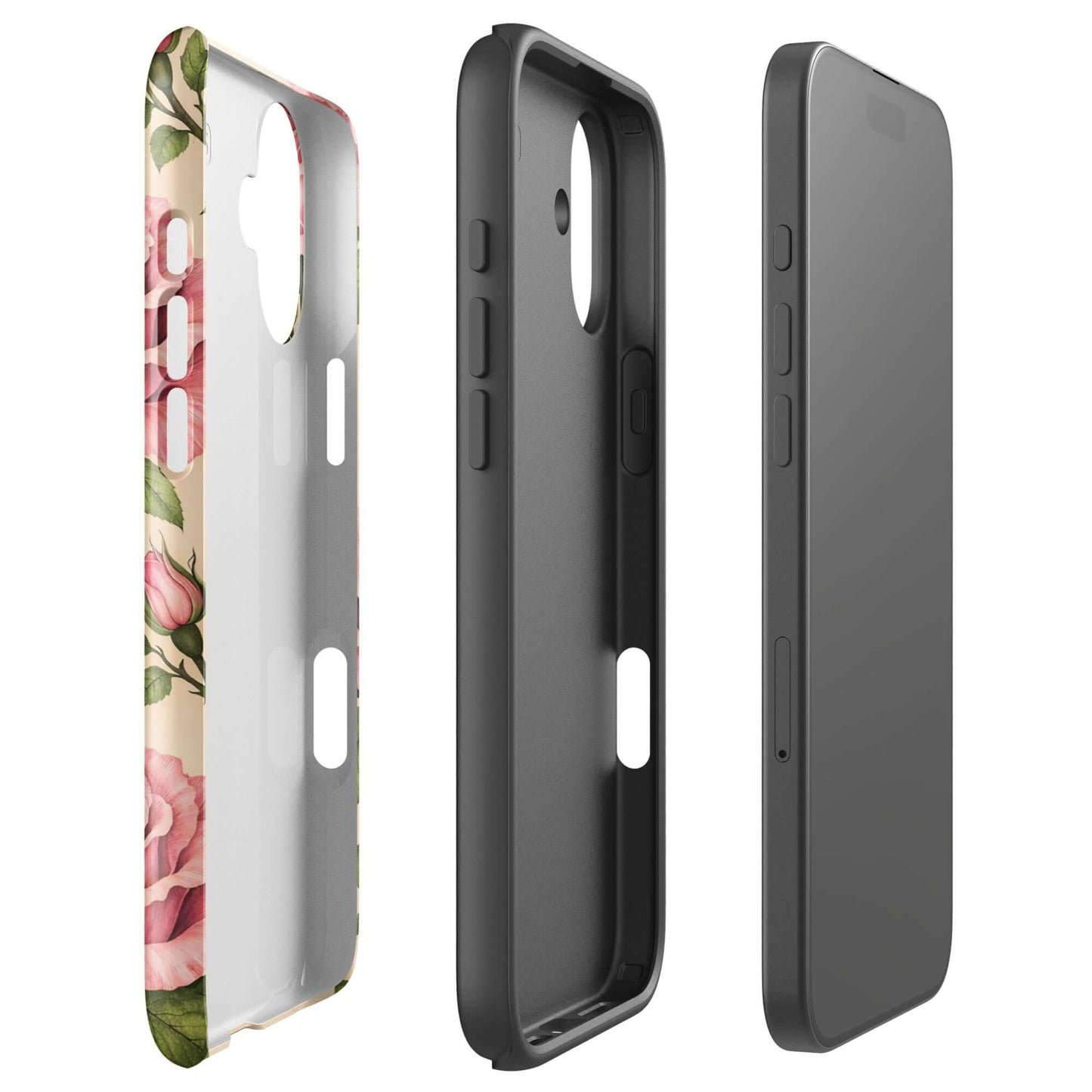 Phone Case for iPhone with pink rose garden design on cream background, elegant floral protection for everyday use.
