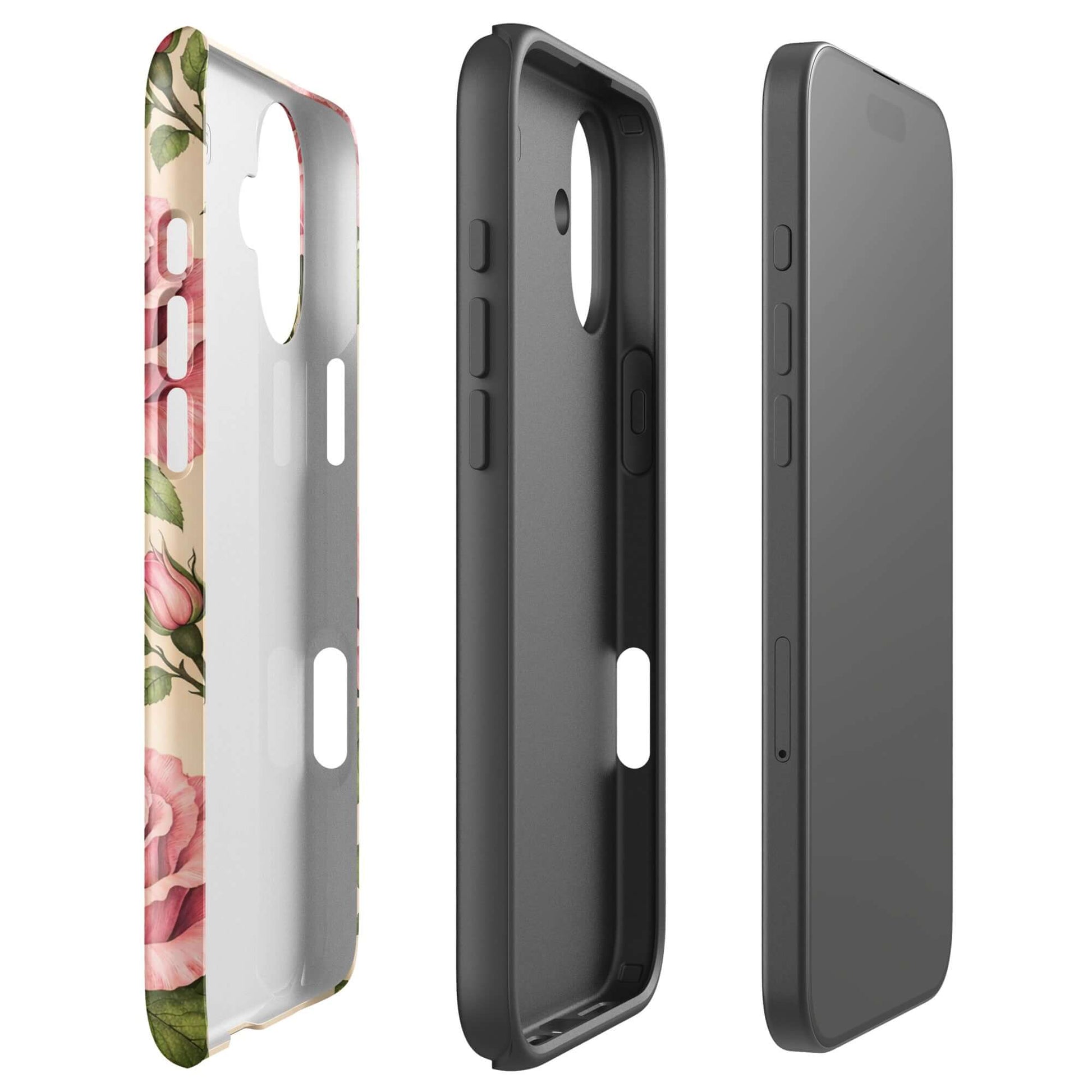 Phone Case for iPhone with pink rose garden design on cream background, elegant floral protection for everyday use.