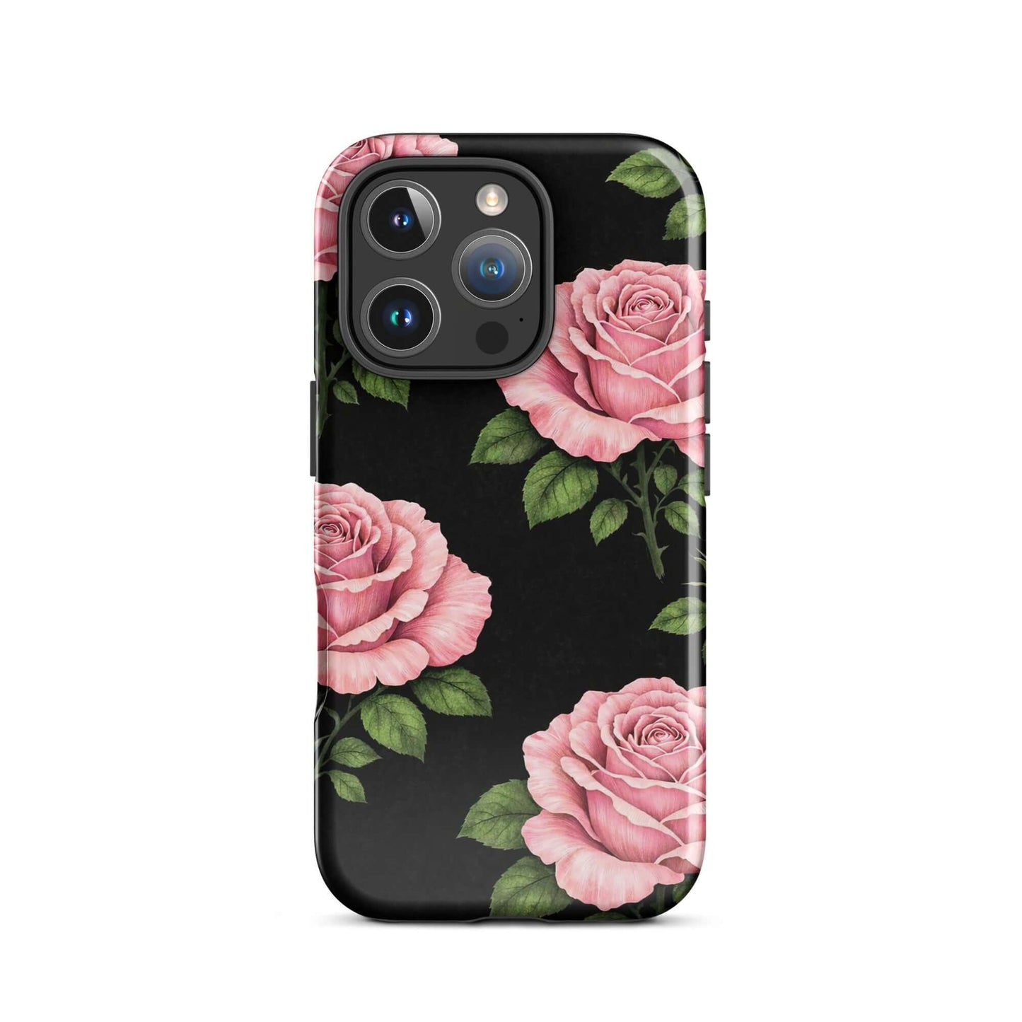 Phone Case for iPhone with pink rose garden design on a black background, featuring soft pink roses and green leaves.