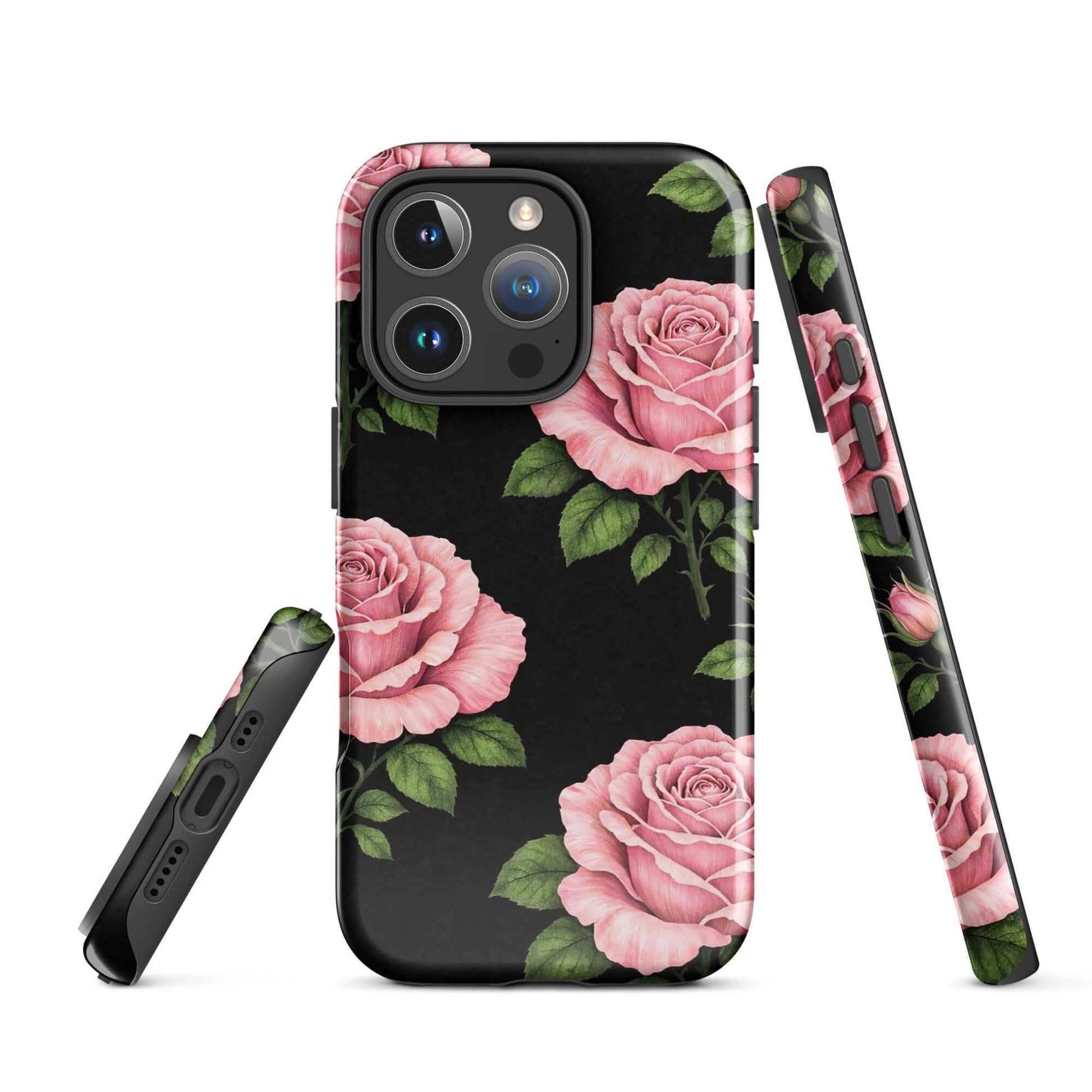 Phone Case for iPhone with pink rose garden design on black background, featuring floral charm in pencil-stencil style.