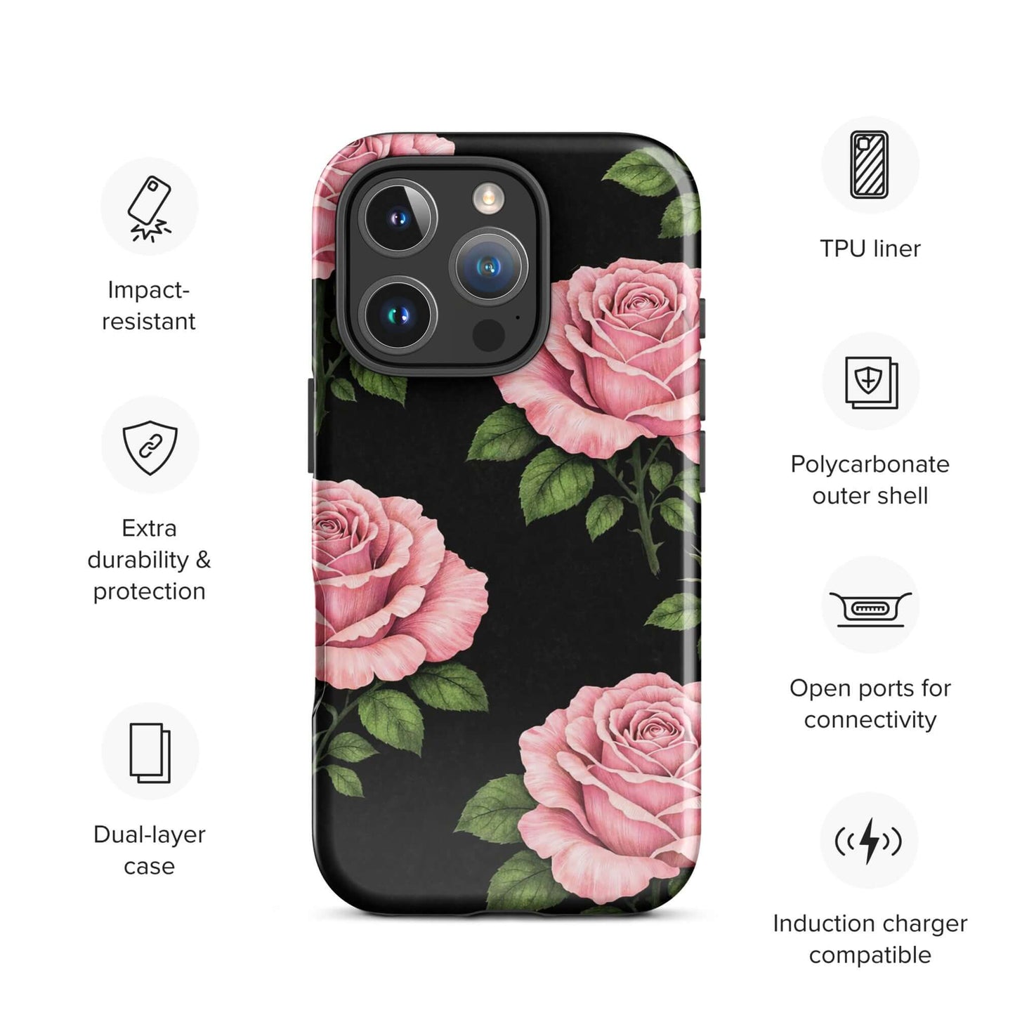 Phone Case for iPhone with pink rose garden design on a black background, featuring impact-resistant TPU liner and polycarbonate outer shell.