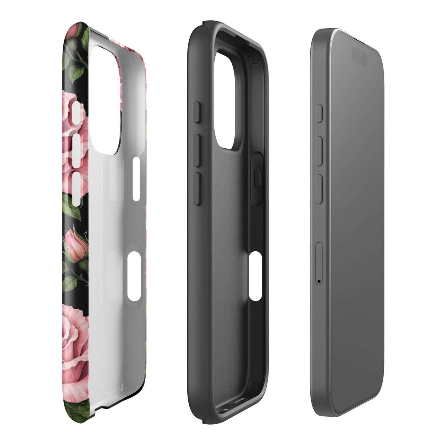 Phone Case for iPhone featuring pink roses and green leaves on a black background, shown in durable tough design.
